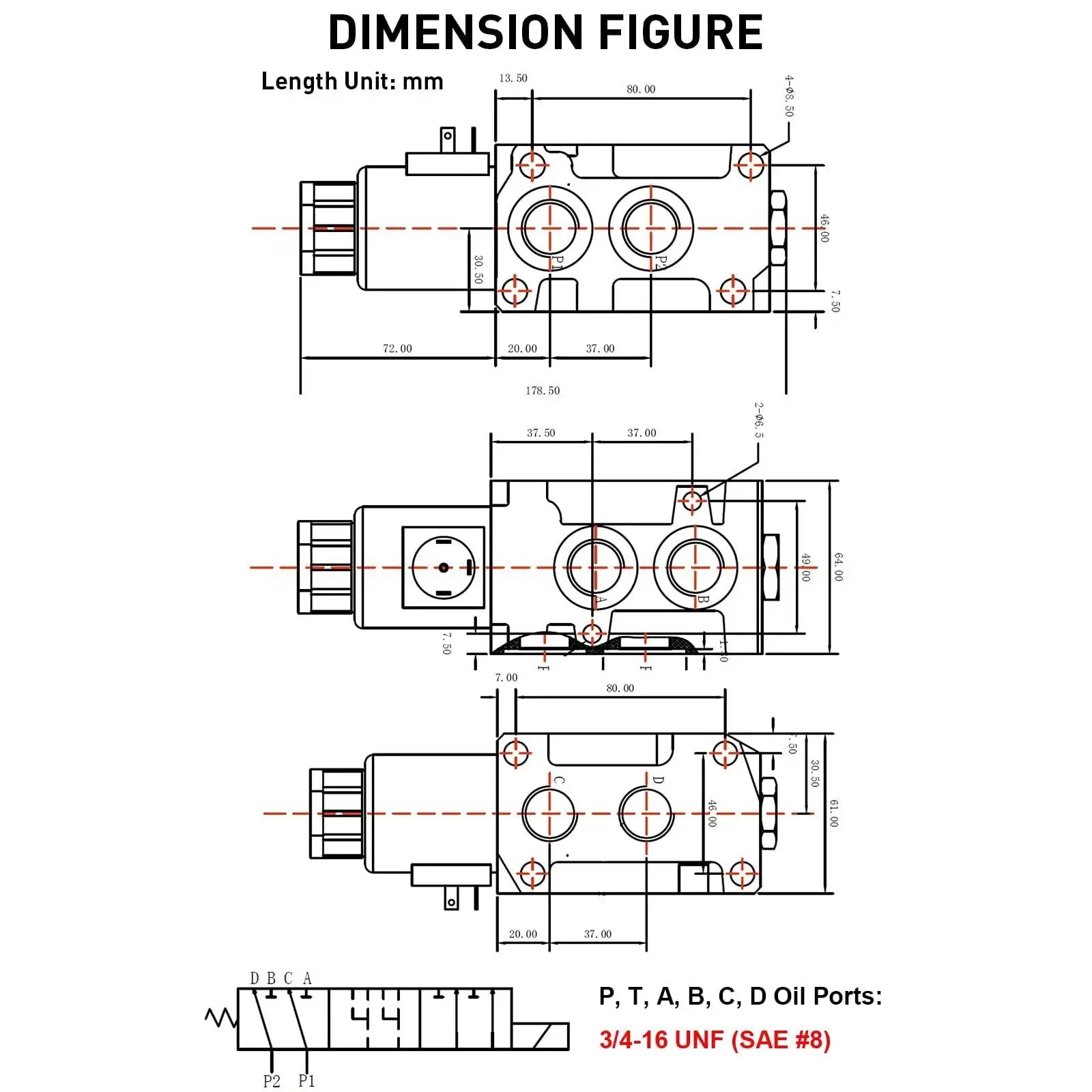 Technical diagram of Versatile Hydraulic Solenoid Diverter Valve, 6 SAE ports, 3/4-16 UNF, top and side view dimensions, 200 bar max pressure