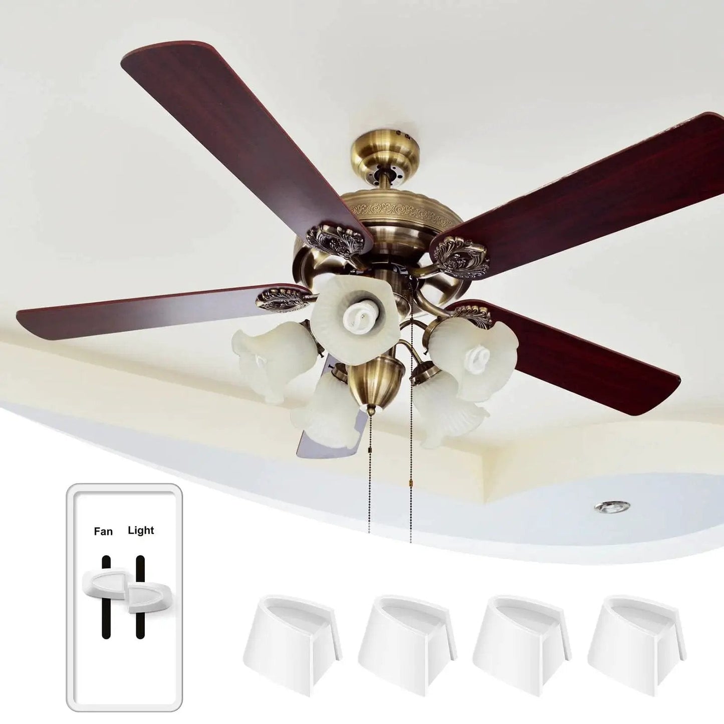 Two Dimmer Knob Replacements For Lutron Skylark Dual Dimmer Switches White shown with ceiling fan and lighting