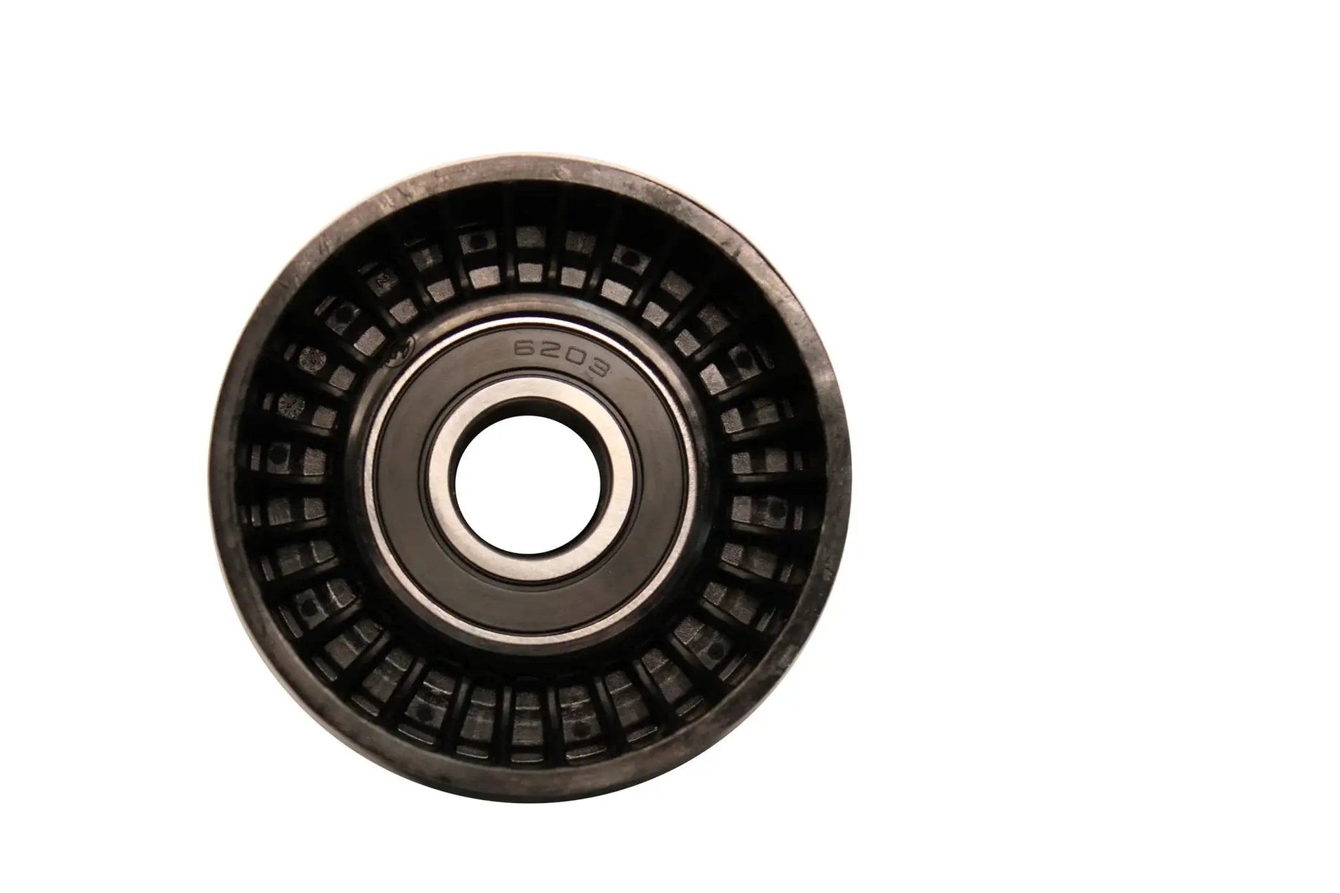 Front view of DriveAlign Belt Drive Idler Tensioner Pulley 38018, showing steel and thermoplastic construction for durability.
