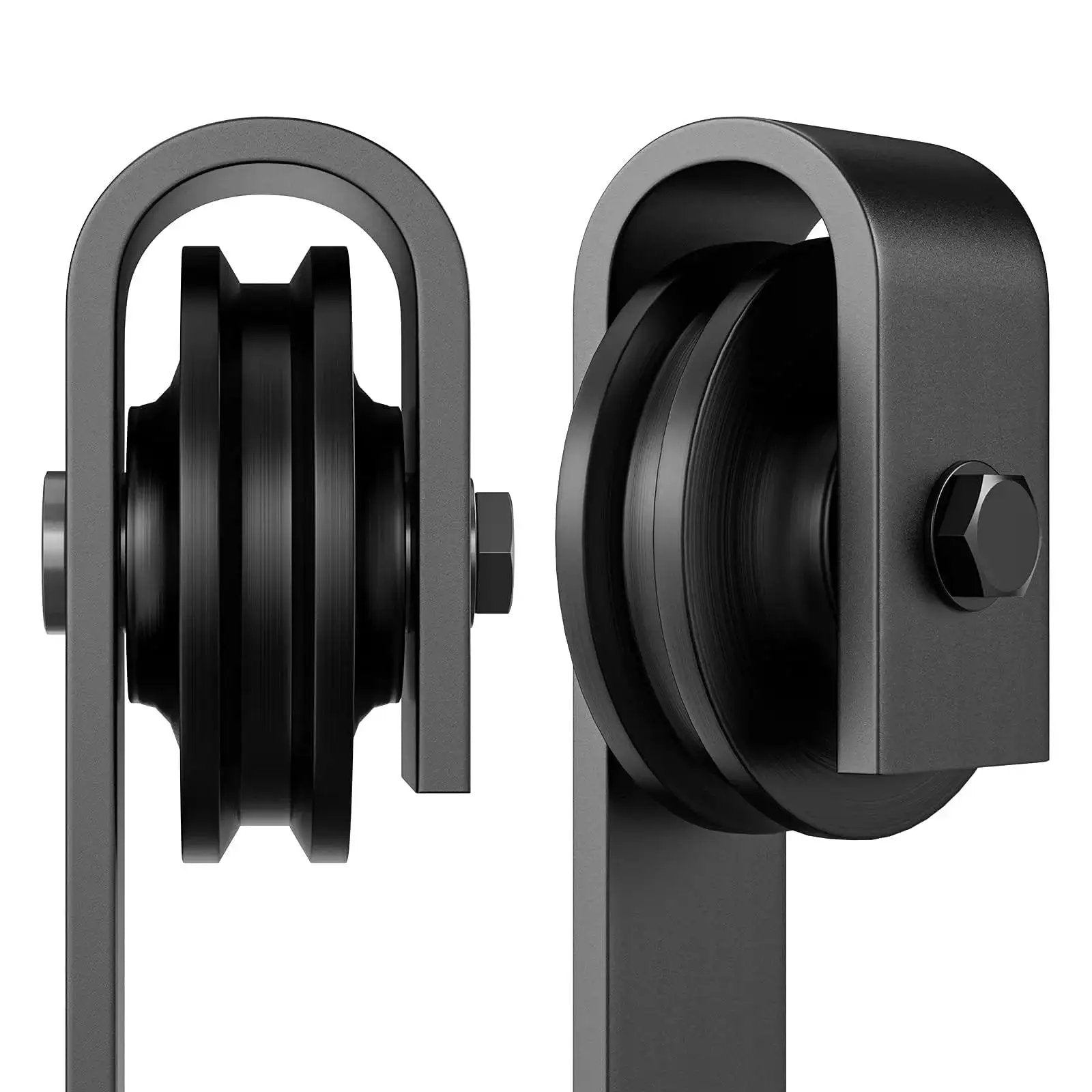 Sliding Barn Door Hanger Rollers Set Of Two For All Barn Door Hardware Kits, J-Shape Hangers, Black Steel, Side View