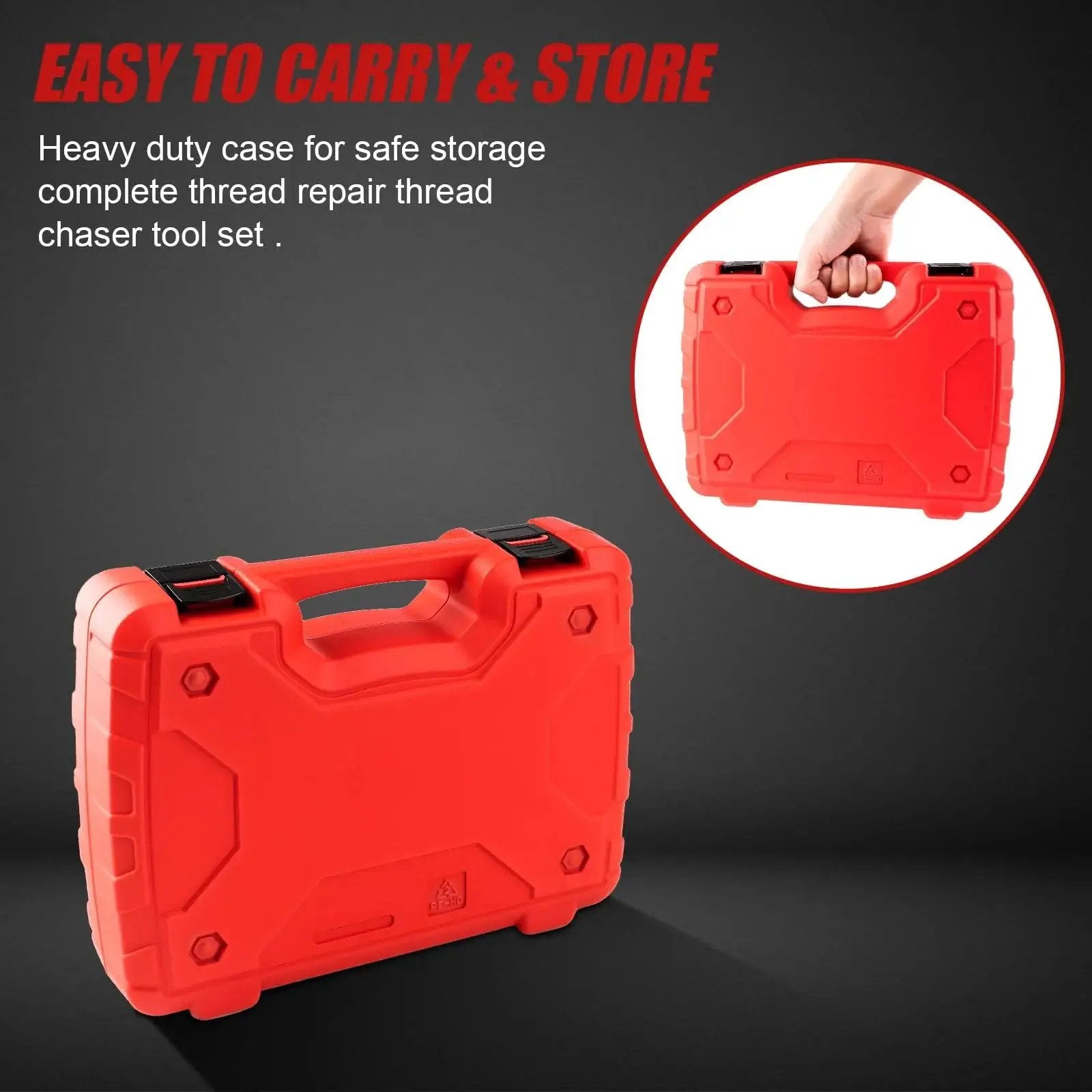 Red case for 61 Pcs Thread Repair Kit With UNC UNF Metric Chasers Taps Dies And Pitch Gauge, shown closed and handheld.