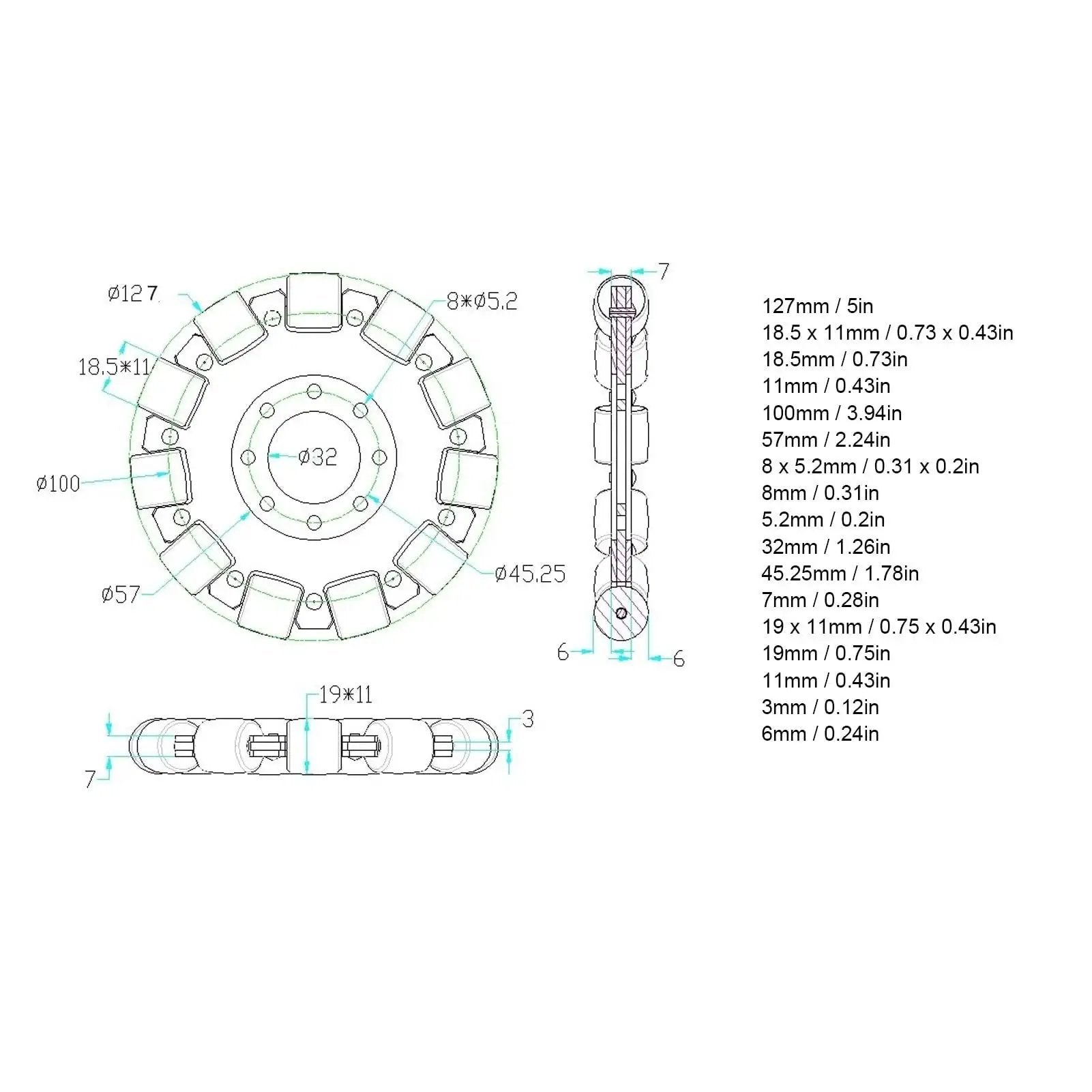Technical diagram of a Five Inch Omnidirectional Robot Wheel With Aluminum Alloy Hub Dual Bearings Silicone Rollers, dimensions marked.