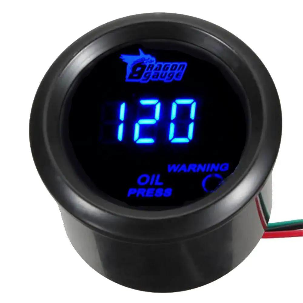 Digital Oil Pressure Gauge For Cars 2 Inch 52mm With Blue LED Display showing 120 PSI, NPT 1/8 Inch Sensor Thread for automotive engines.
