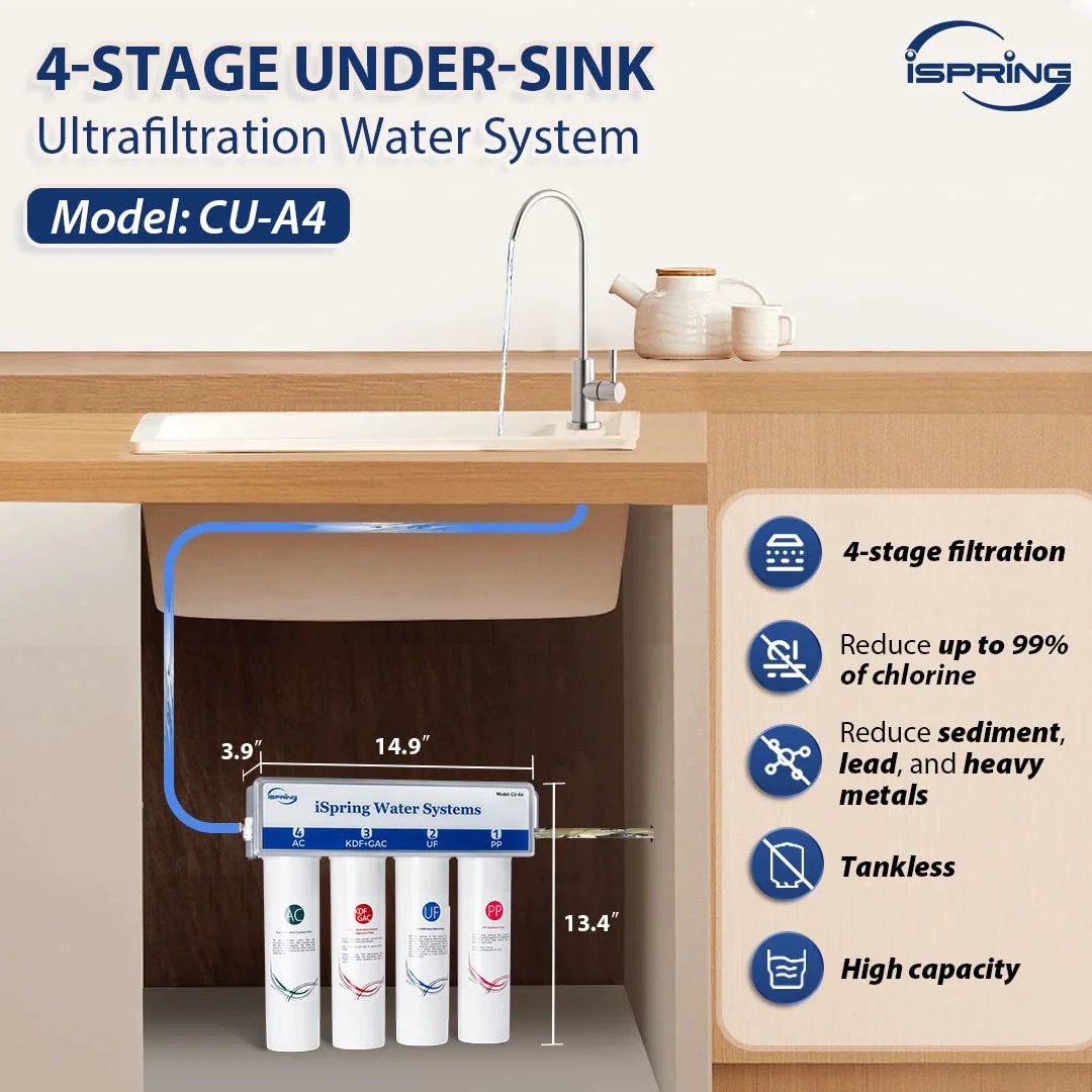 Under Sink Ultra Filtration System With 0.01 Micron UF 4 Stage Tankless High Capacity Removes Up To 99.99 Percent Contaminants No RO Drama Easy Change Filters Brushed Nickel Faucet Included White Finish iSpring installed under kitchen sink