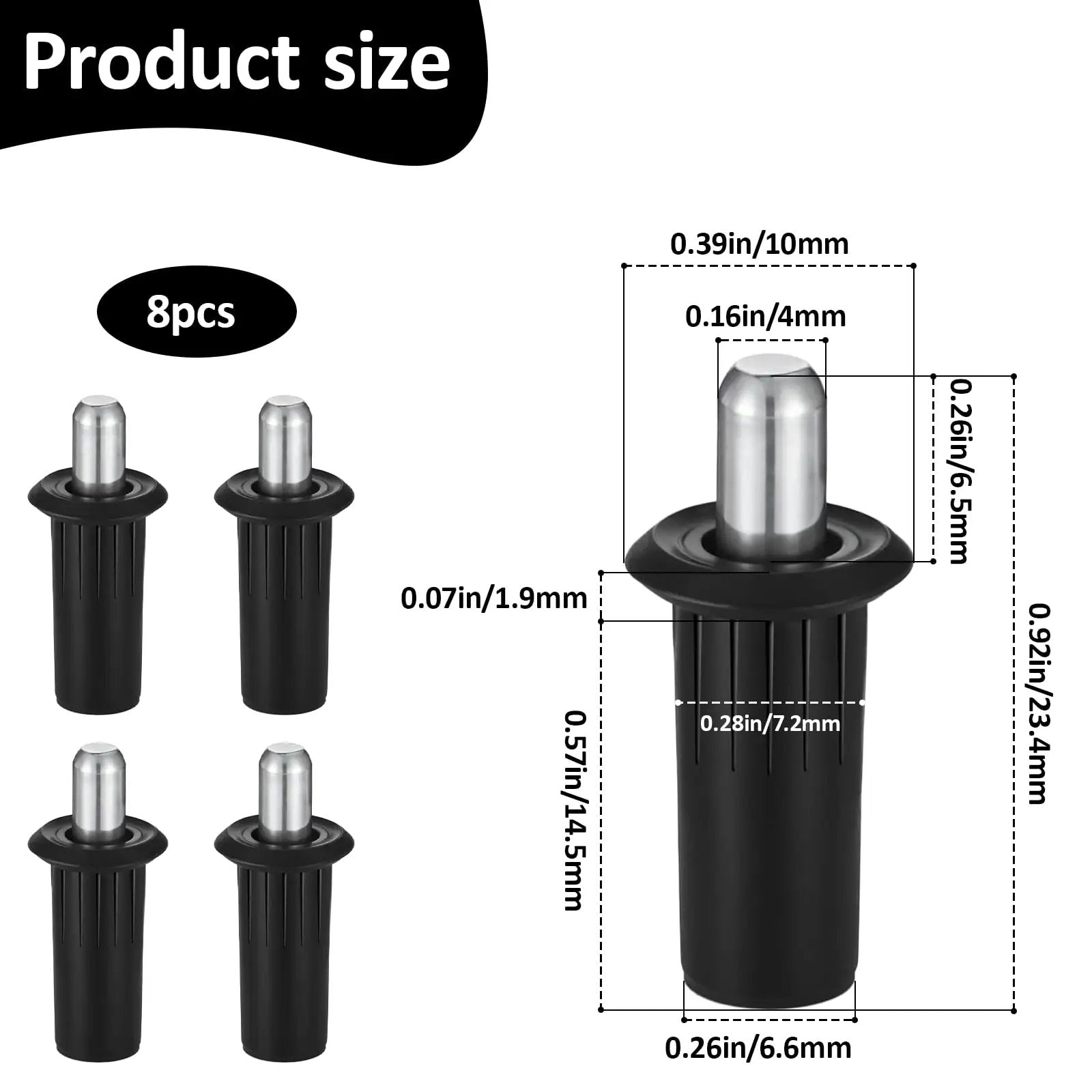 Image showing 8 Piece Cabinet Door Repair Pins Set For Damper Replacement And Furniture Fittings with detailed size dimensions.