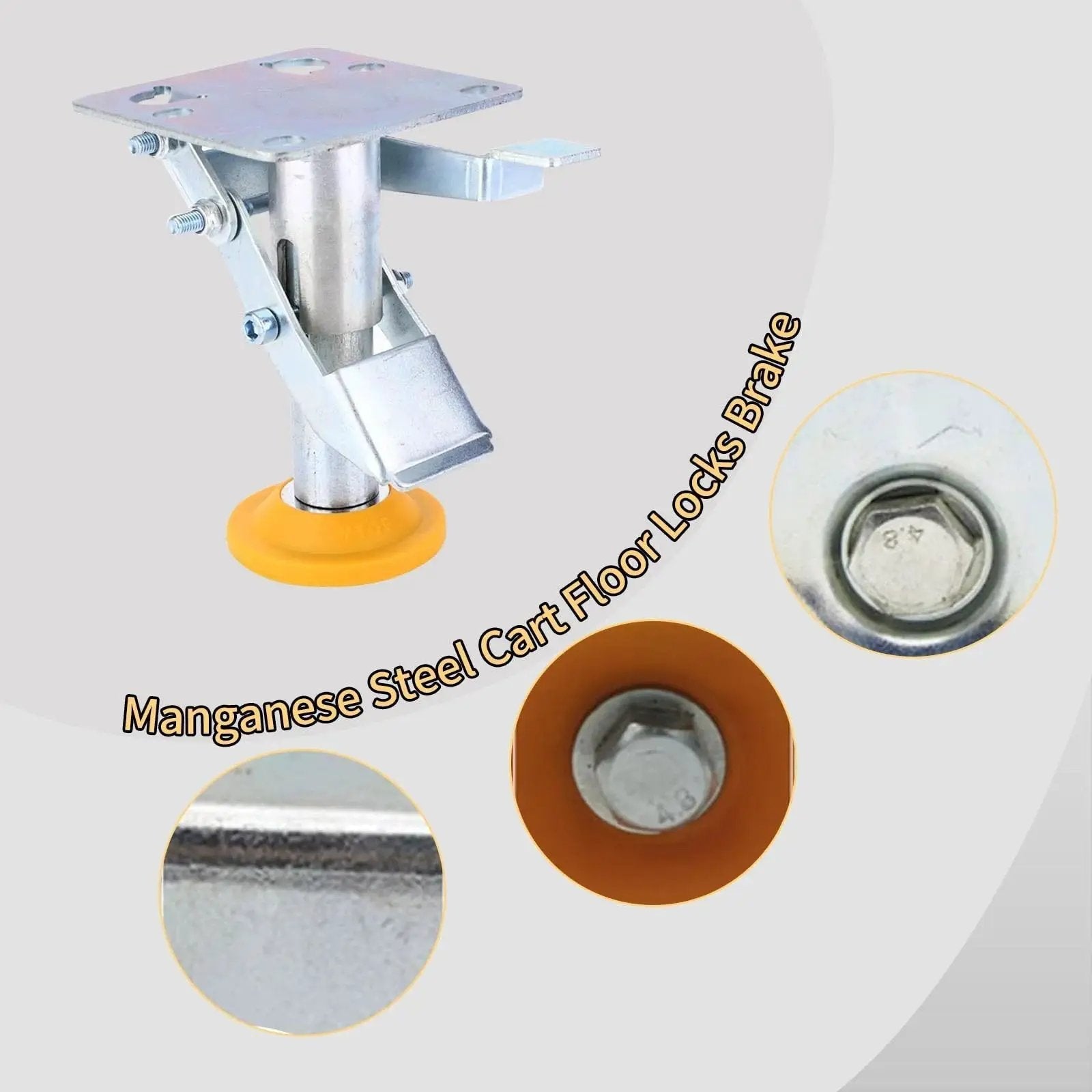 Heavy Duty Floor Lock For Carts With Adjustable Height Trolley Brake, manganese steel with TPU pad, close-up view