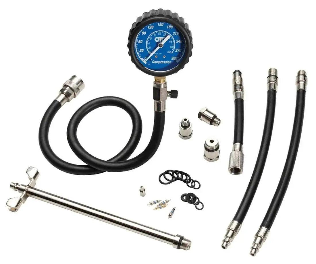 Gasoline Engine Compression Tester Kit With Deep Well And Ford Triton Adapter showing gauge, hoses, and adapters