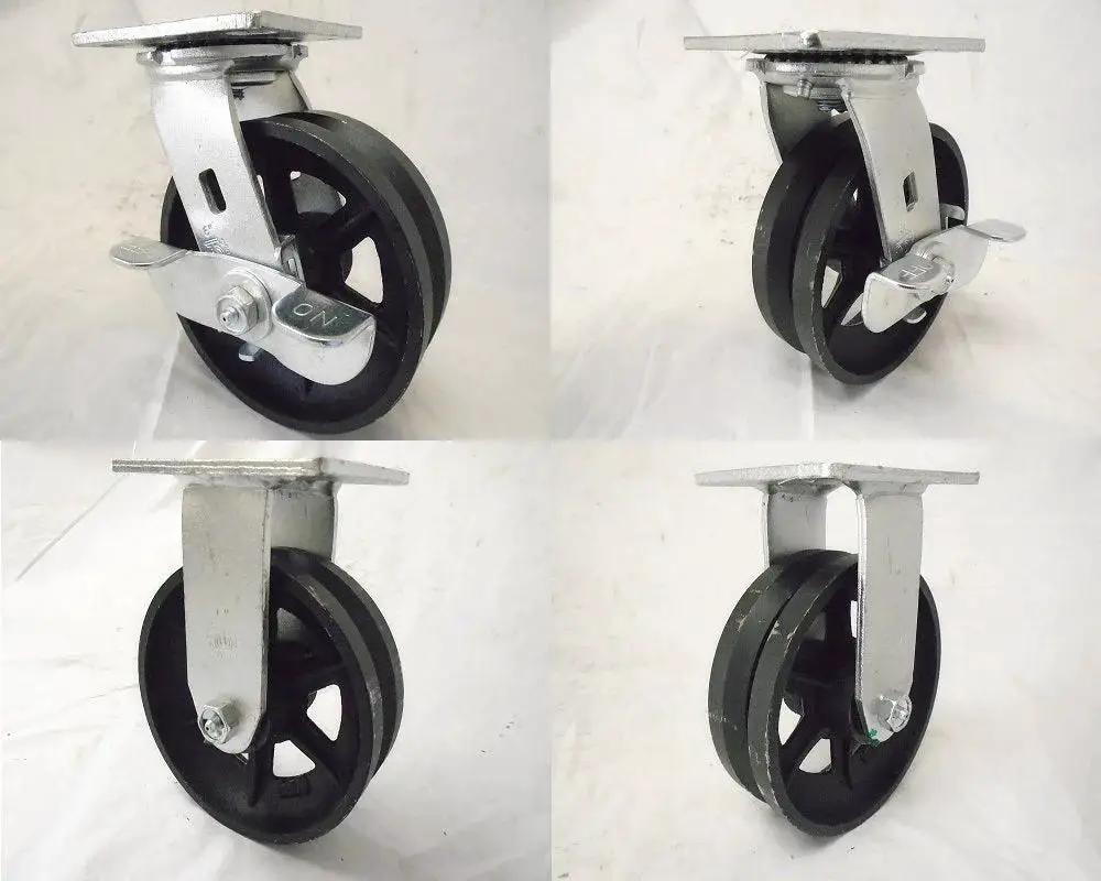 Heavy Duty 6 Inch By 2 Inch Swivel Caster With Brake And Rigid Casters Set For Seven Eighth Inch V Groove Iron Steel Wheels 1000 Lb Capacity Each, Four Pack For Carts And Machinery