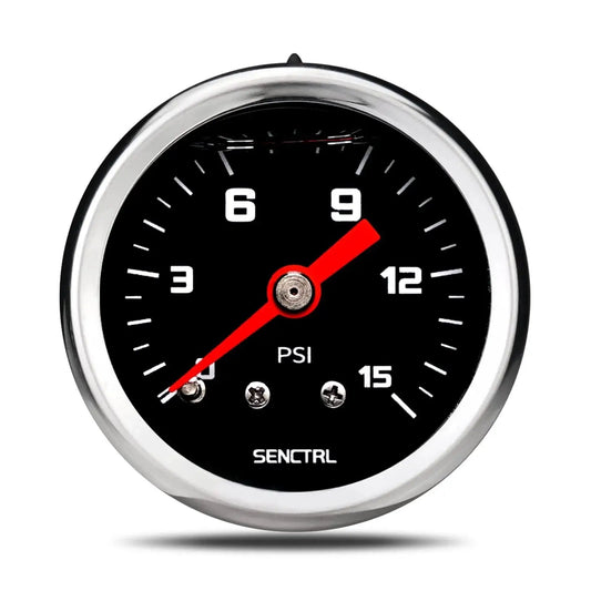 Inline Low Pressure Gauge 0-15 Psi For Water And Oil Testing, One And A Half Inch Dial Black With One Eighth Inch NPT Back Mount