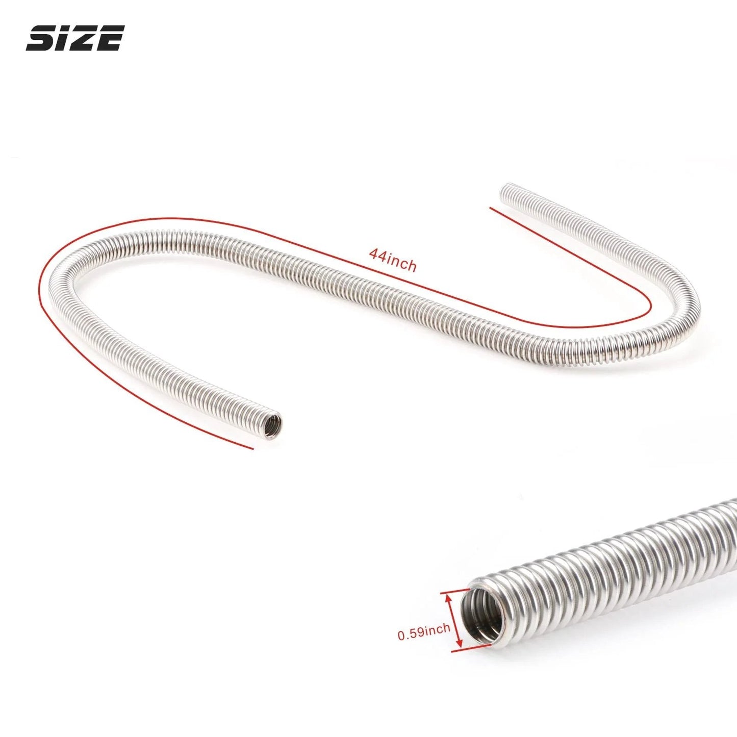 Flexible 44 Inch Stainless Steel Heater Hose Kit Universal For 5/8 And 3/4 Inch Necks With Adjustable Length And Clamp, shown in coiled position