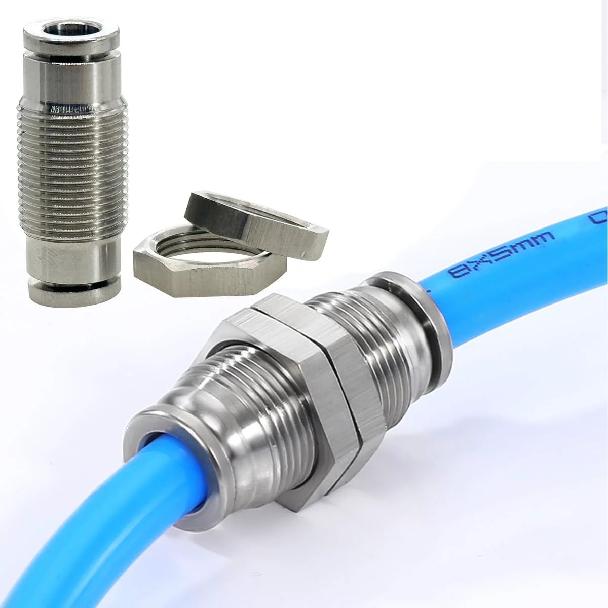 Bulkhead Union Push To Connect Pneumatic Fitting 3/8 Inch Tube OD, 304 Stainless Steel, 2 Pack Go-To Quick Connect Air Fittings For Hoses And Tools, PMM 3/8 Inch