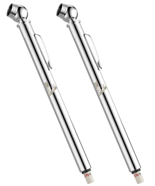 Two Pack Pencil Tire Gauge For Cars 10 To 75 PSI 70 To 550 kPa 0.7 To 5.5 BAR Stainless Steel Construction With Rust And Corrosion Resistant Seal