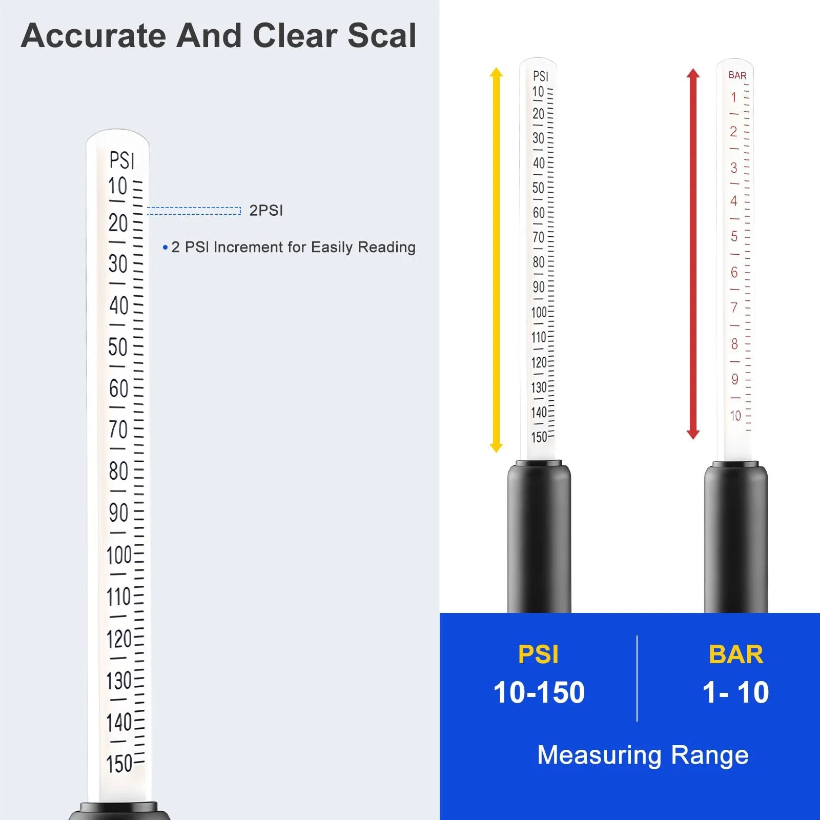 Dual Head Tire Pressure Gauge With Extended Tube For Semi Trucks, RVs, Cars And Motorcycles By UHARBOUR, 10 To 150 PSI And 1 To 10 Bar Range display