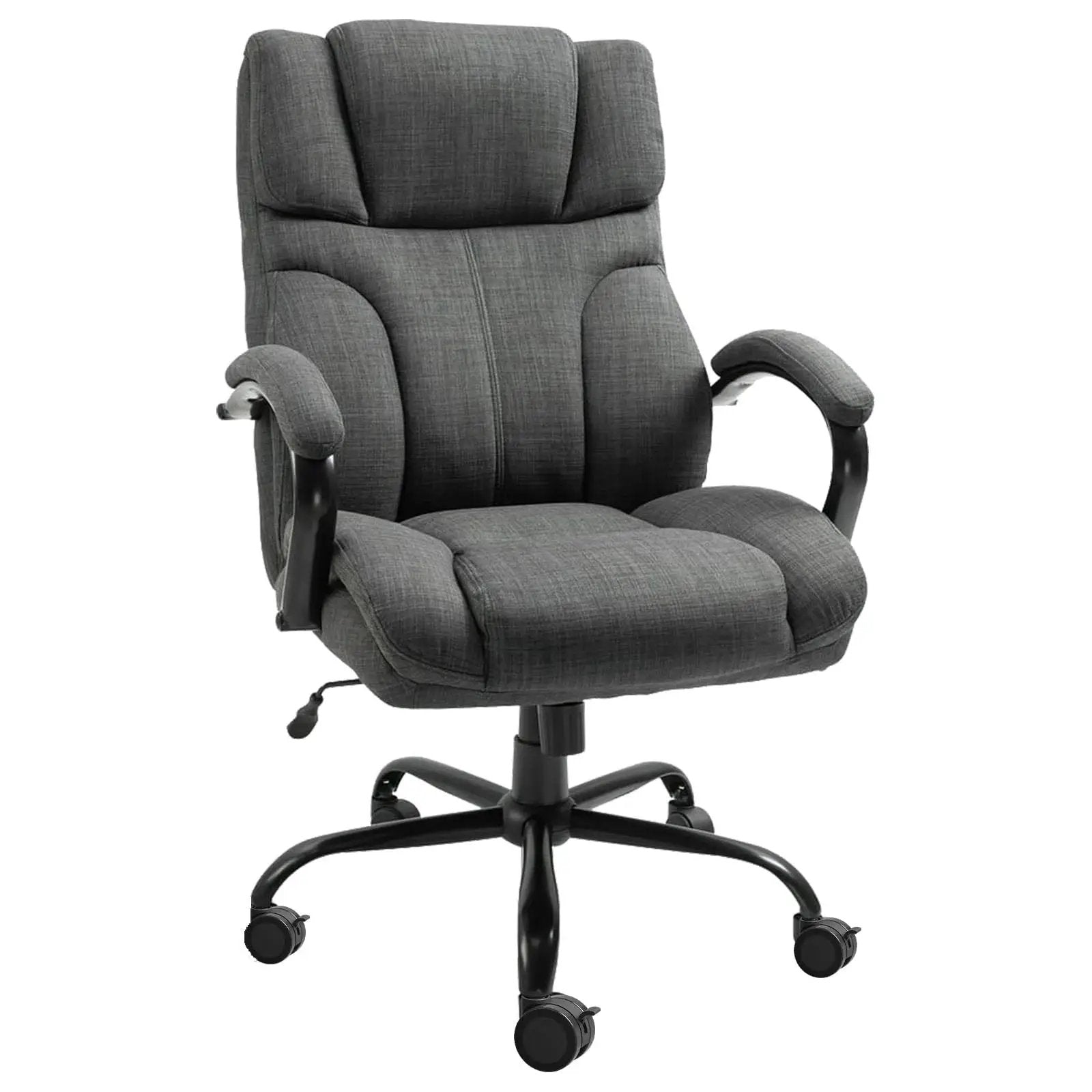 Gray cushioned office chair with armrests and caster wheels, featuring adjustable height mechanism, suitable for office use.