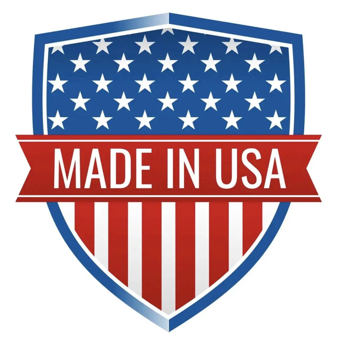 Shield emblem with stars and stripes design featuring 'Made in USA' text in red, white, and blue.