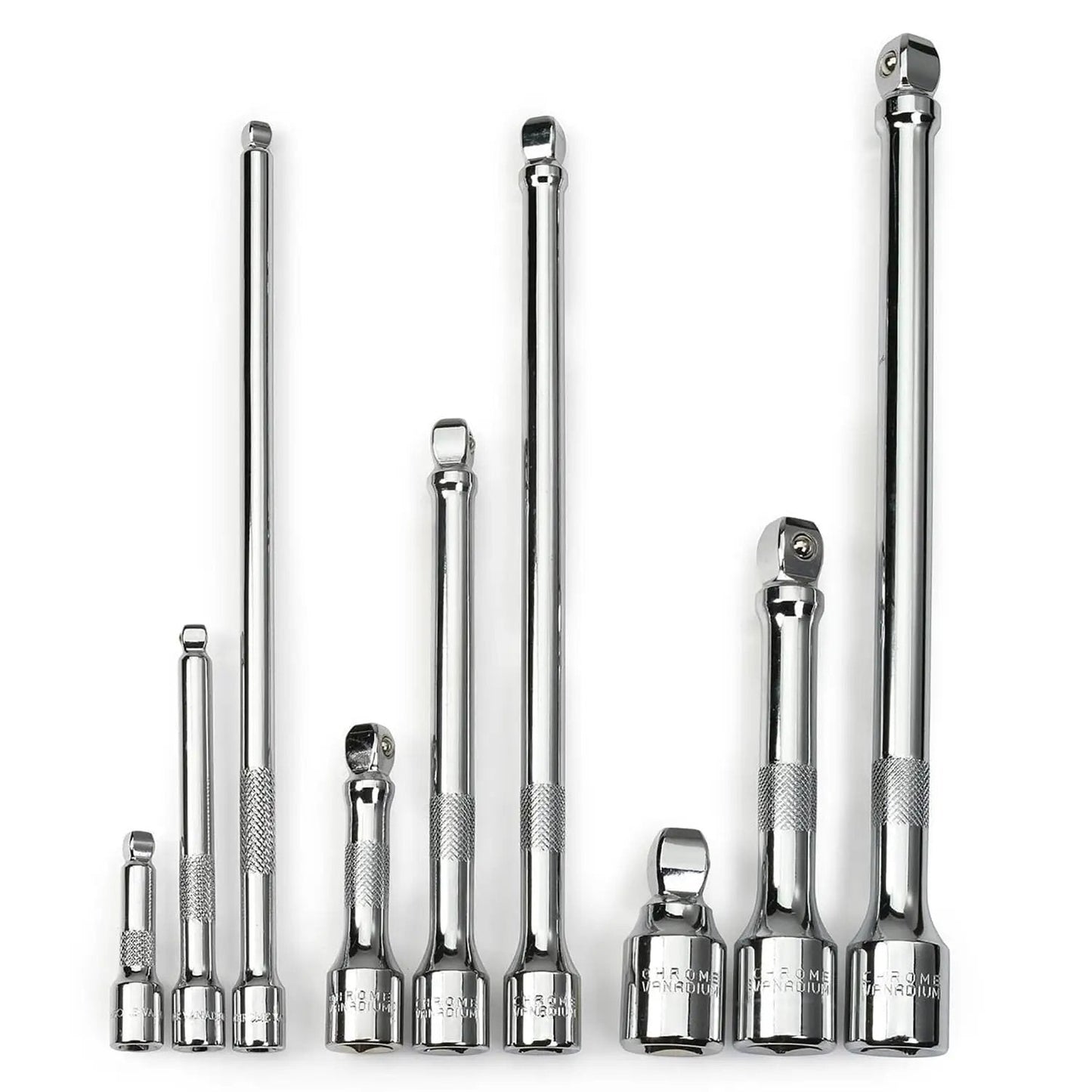 Nine Piece Grab And Go Wobble Extension Bar Set for Sockets With 16 Degree Convex Anvil, Chrome Vanadium Steel Construction, Fits One Quarter Inch, Three Eighths Inch, and One Half Inch Drive Ratchets, Durable Low Clearance Angled Access for Tight Spots displayed in a row