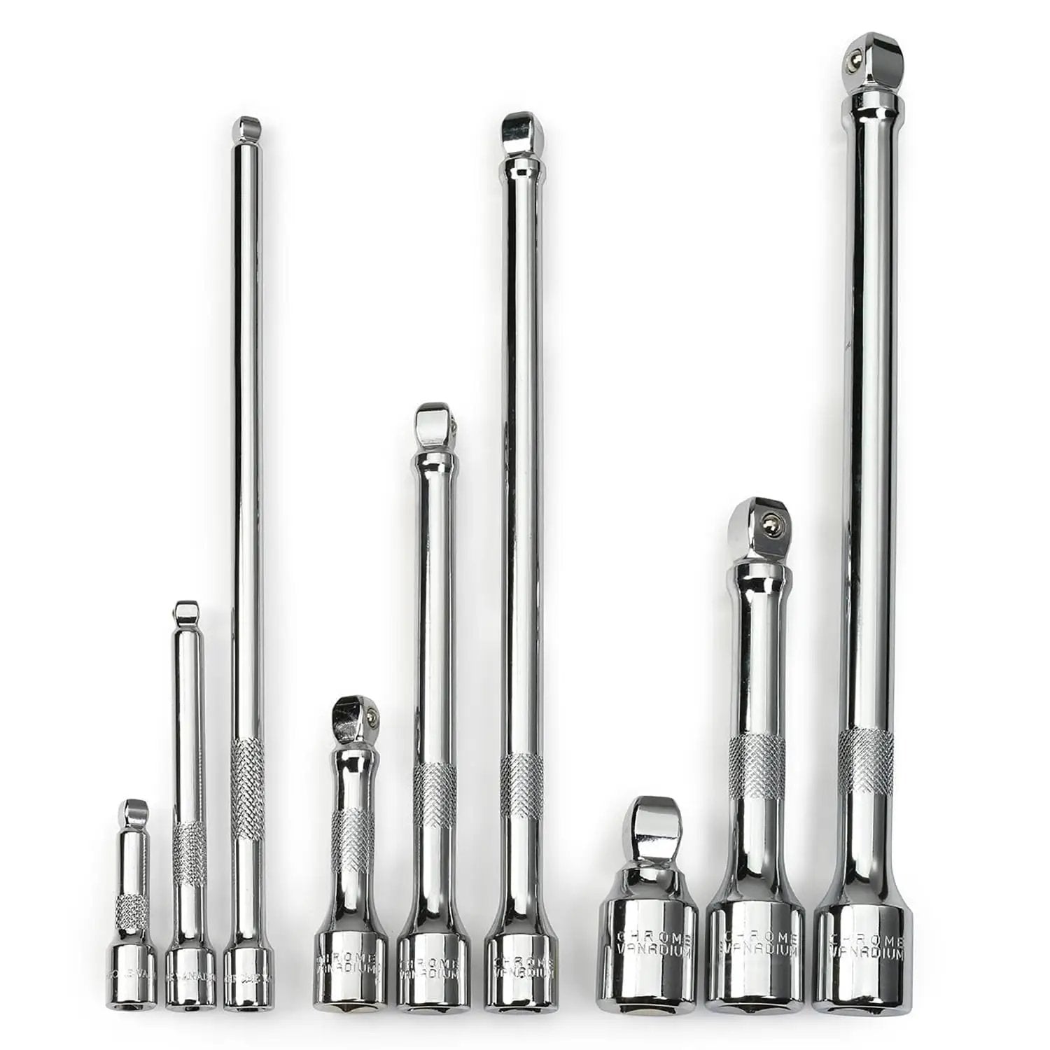 Nine Piece Grab And Go Wobble Extension Bar Set for Sockets With 16 Degree Convex Anvil, Chrome Vanadium Steel Construction, Fits One Quarter Inch, Three Eighths Inch, and One Half Inch Drive Ratchets, Durable Low Clearance Angled Access for Tight Spots displayed in a row