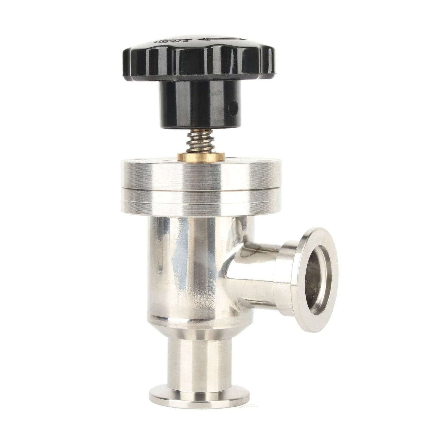 Front view of KF25 High Vacuum Manual Right Angle Bellows Isolation Valve In 304 Stainless Steel Pro Grade Build With Welded Bellows