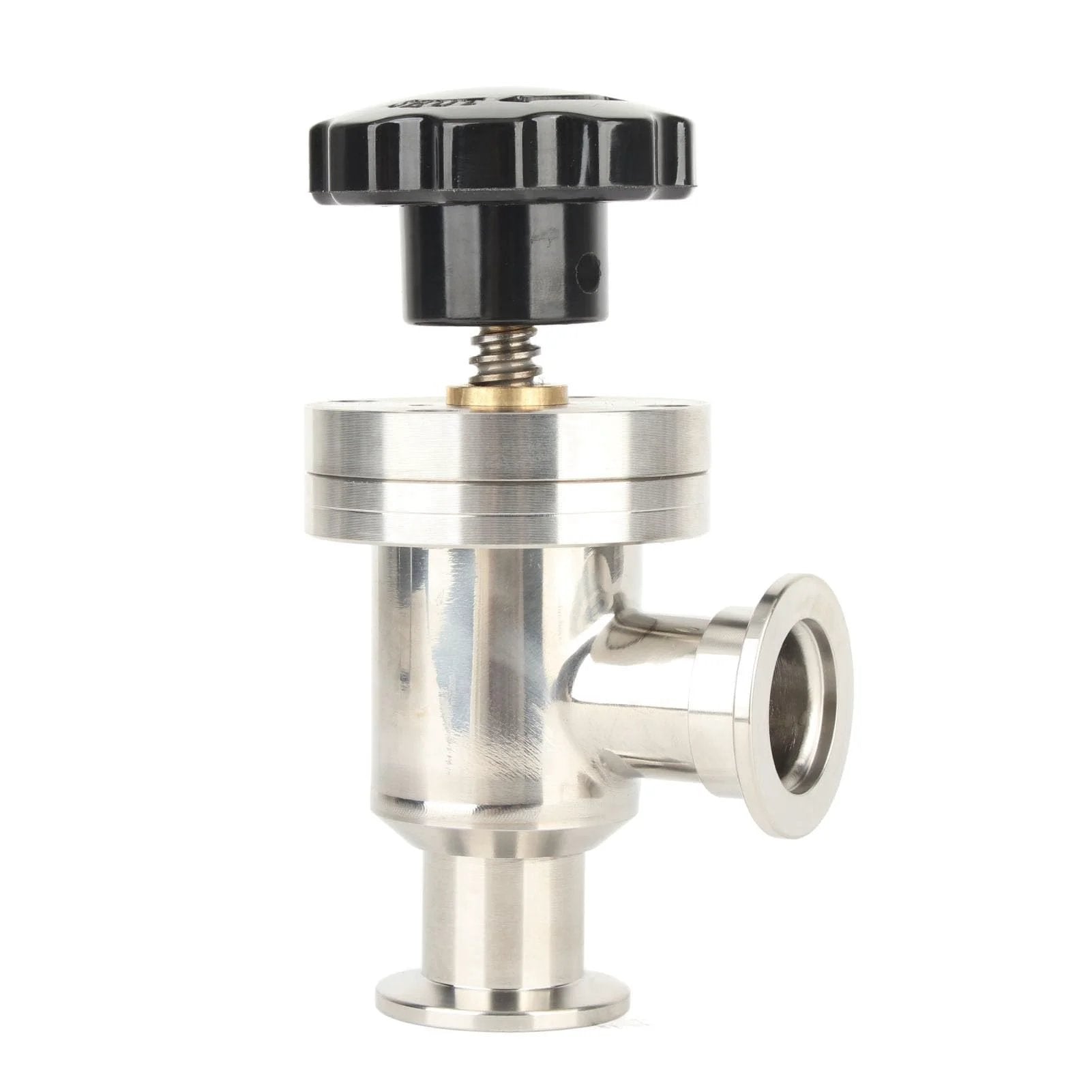 Front view of KF25 High Vacuum Manual Right Angle Bellows Isolation Valve In 304 Stainless Steel Pro Grade Build With Welded Bellows