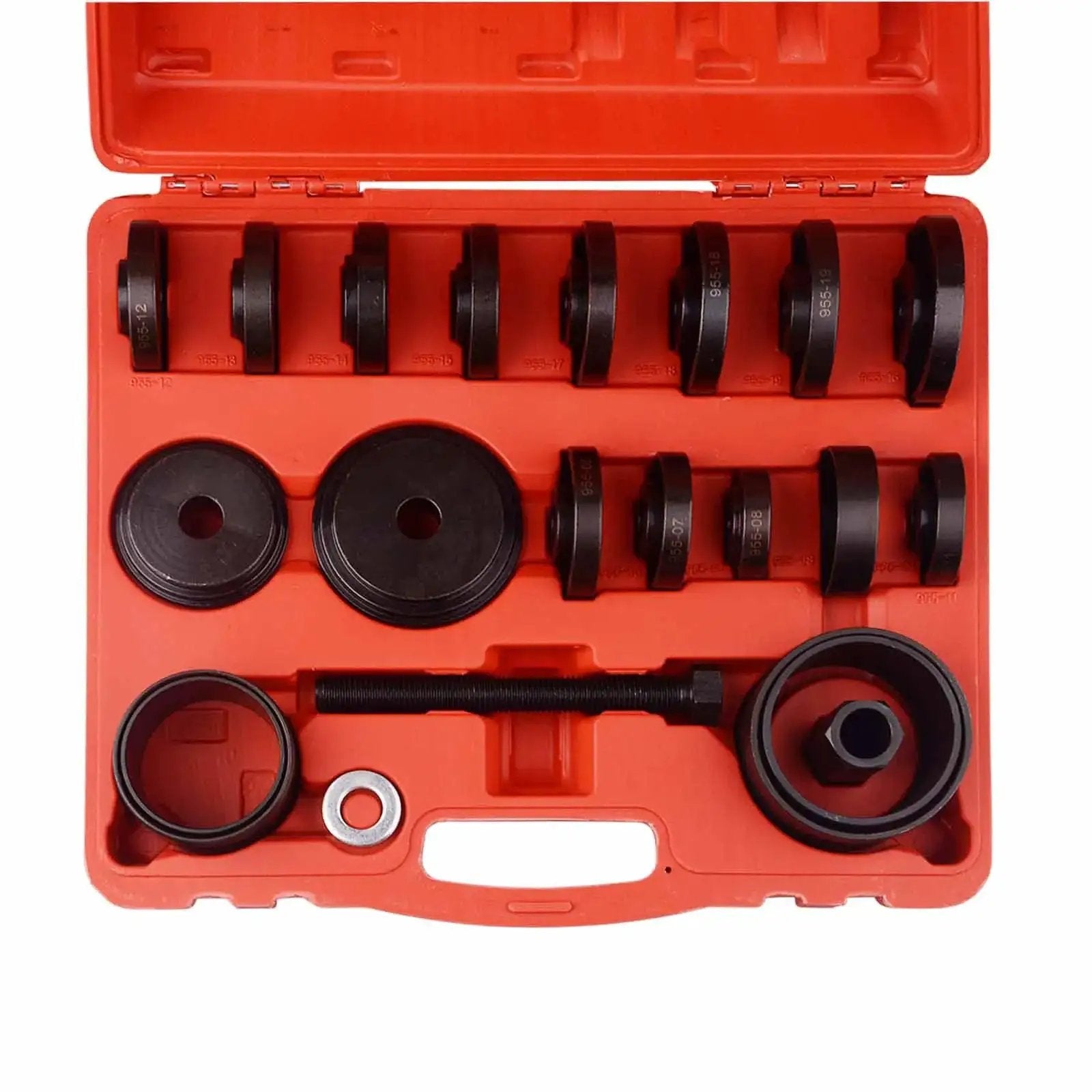 Front Wheel Drive Bearing Removal Tool Set With Press Kit And Adapters arranged in red carrying case
