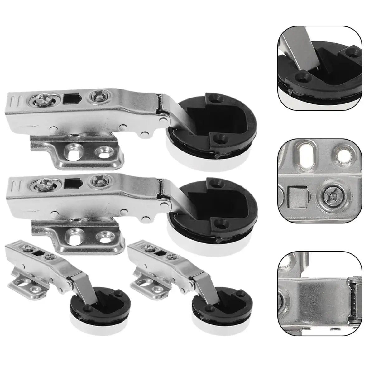 4 Pack Hydraulic Glass Door Hinges With Soft Close Damping For Kitchen Cabinets And Wine Cabinet Doors Quiet Smooth Closing Durable Cabinet Door Hardware, showing hinges in close-up and side views.