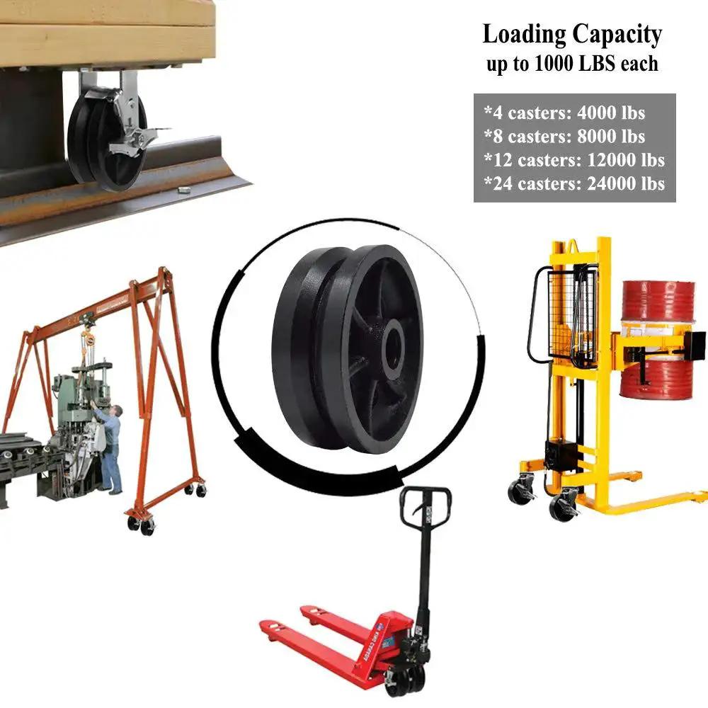 Beefy Heavy Duty Cast Iron V Groove Caster Wheels Set Of Four With Straight Roller Bearings 6 Inch Diameter by 2 Inch Wheel Width One Half Inch Axle Up To 4000 Lbs Total Capacity Pack Of Four SY America, shown with industrial equipment.