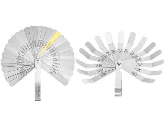 Two Piece Feeler Gauge Set With 32 Blade Main Gauge And 16 Blade Offset Gauge Dual Marked SAE And Metric Sizes For Precise Mechanical Clearance Measurements Made From 65 Manganese Steel For Tough Wear Resistance And Elasticity.