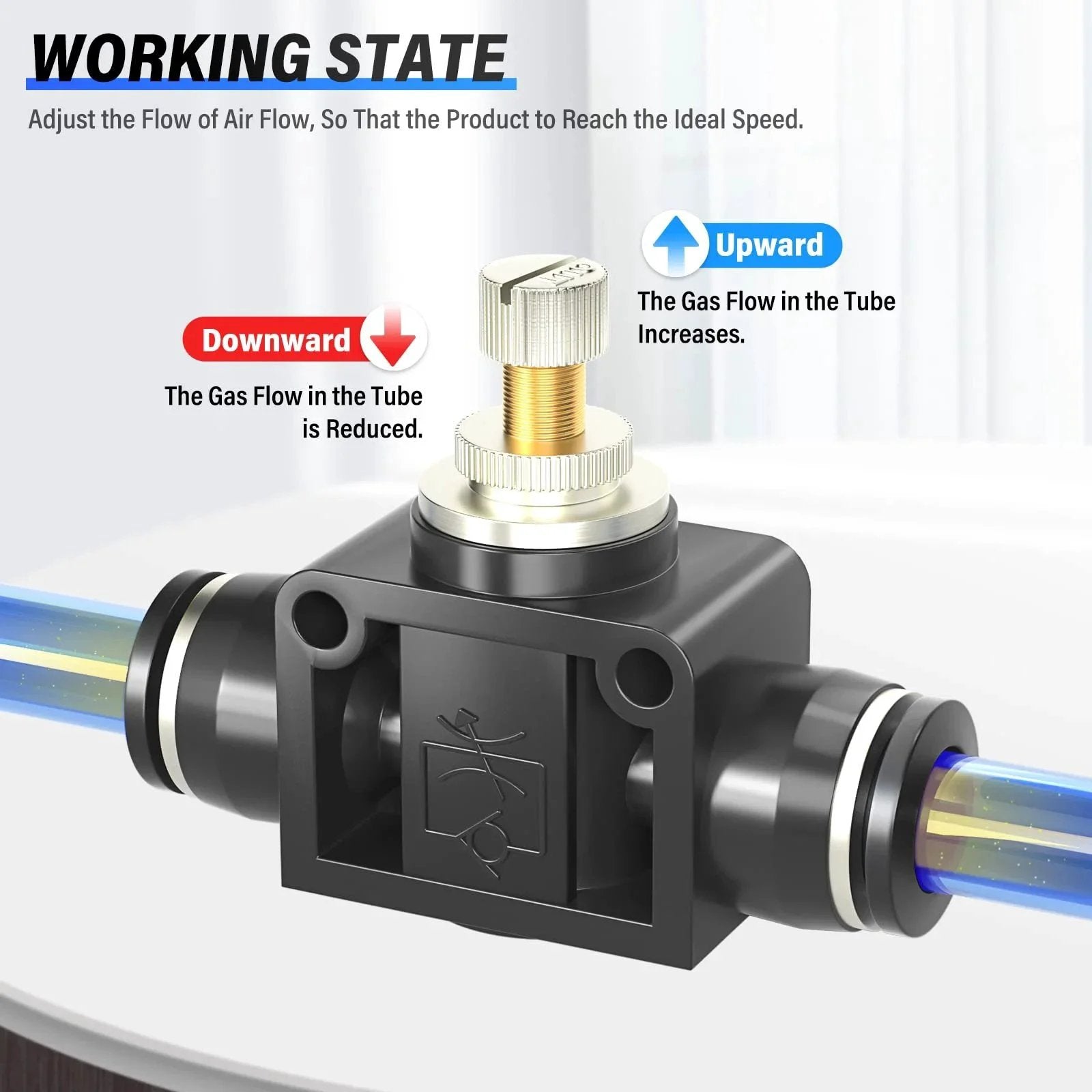 Air Flow Control Valve For Pneumatic Systems With Push To Connect Fitting Inline Speed Controller One Quarter Inch Tube OD To One Quarter Inch Tube OD Black Made Of Plastic And Copper Ideal For Low Speed Cylinders Zero To One Hundred Forty Five PSI Pack