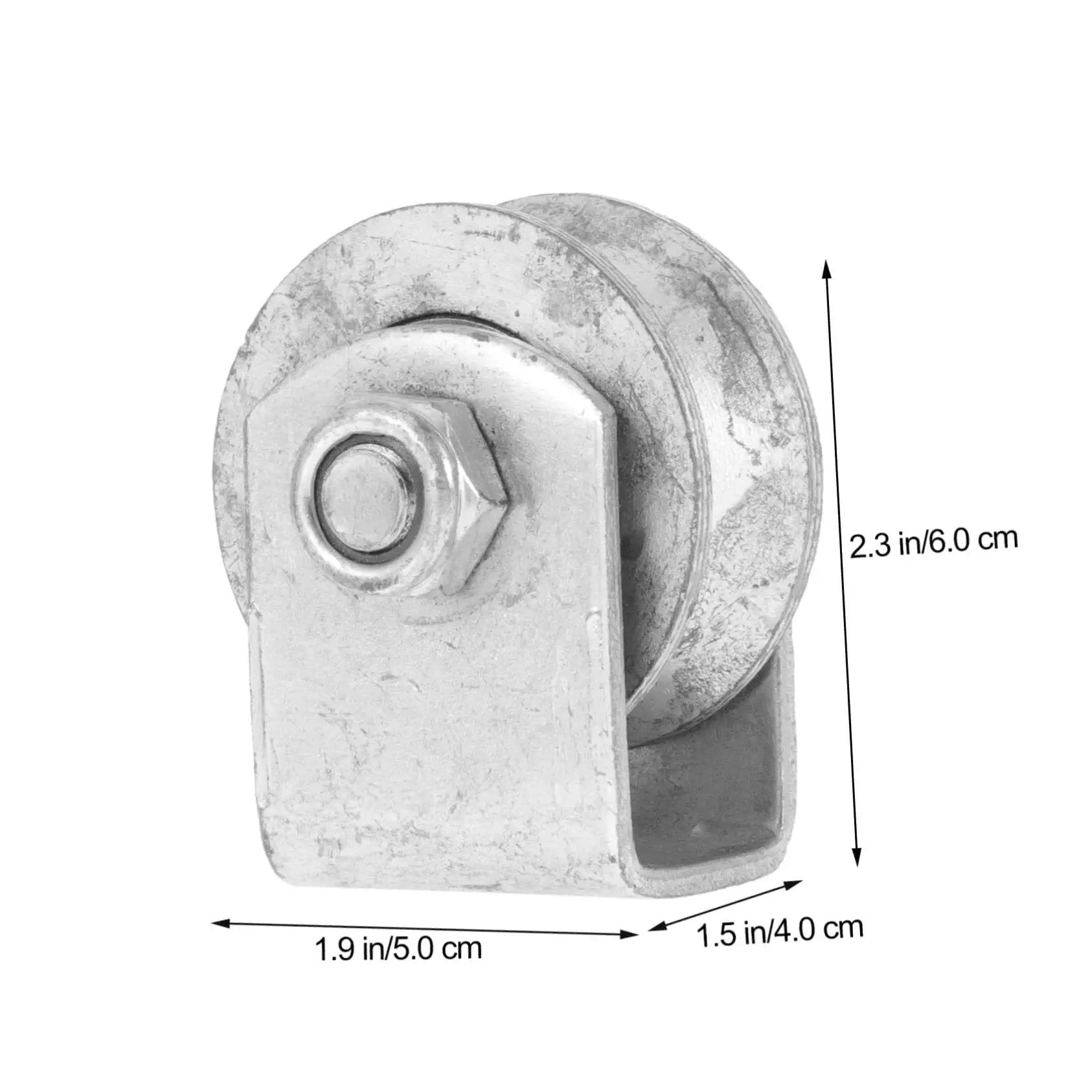 Side view of a Beefy Heavy Duty Cast Iron V Groove Wheel Pulley for sliding gates and garage doors, with dimensions marked.