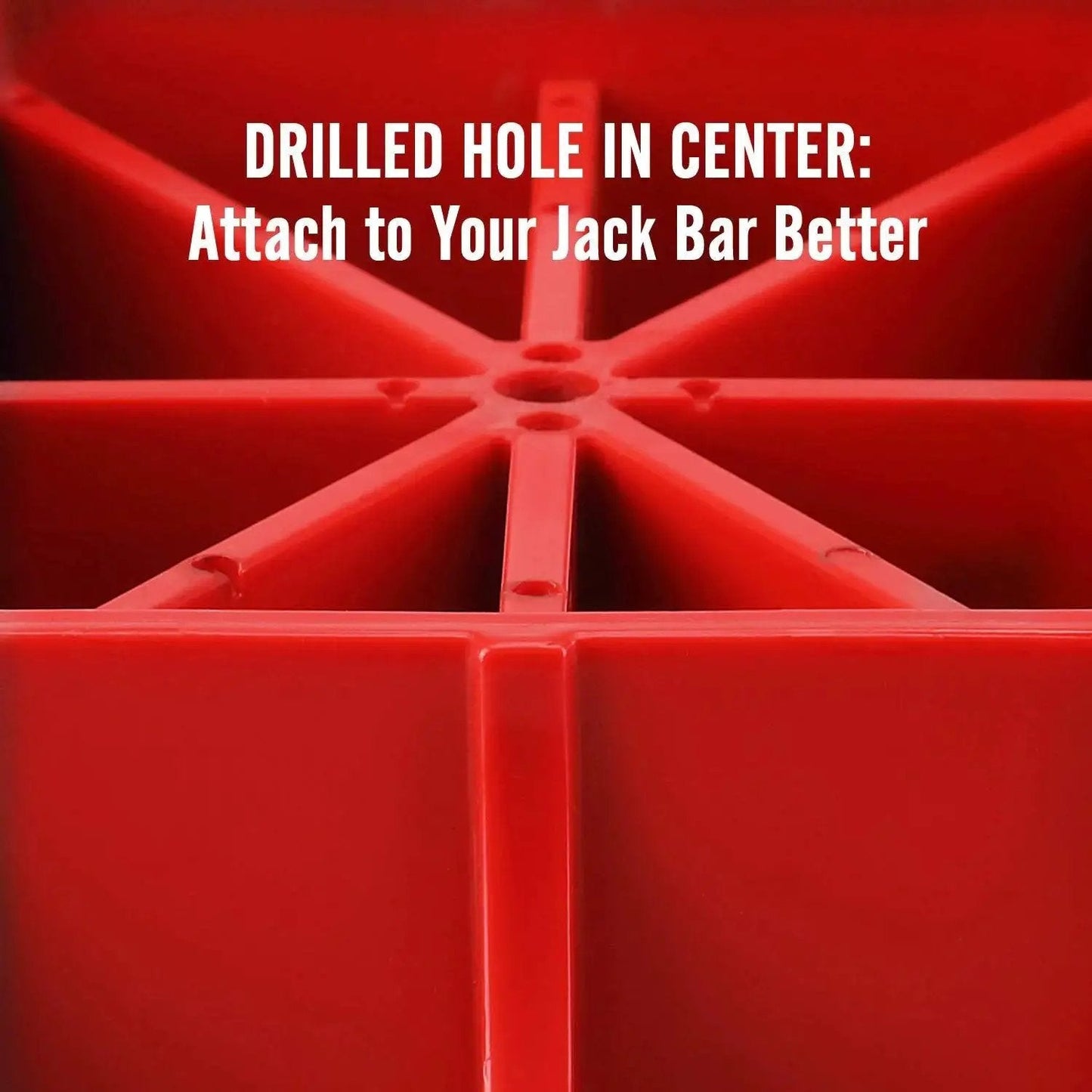 Close-up of drilled hole in Off Road Base Jack Stand With PP Pad To Alleviate Hoist Sinkage For Most Jacks. Red heavy-duty material.