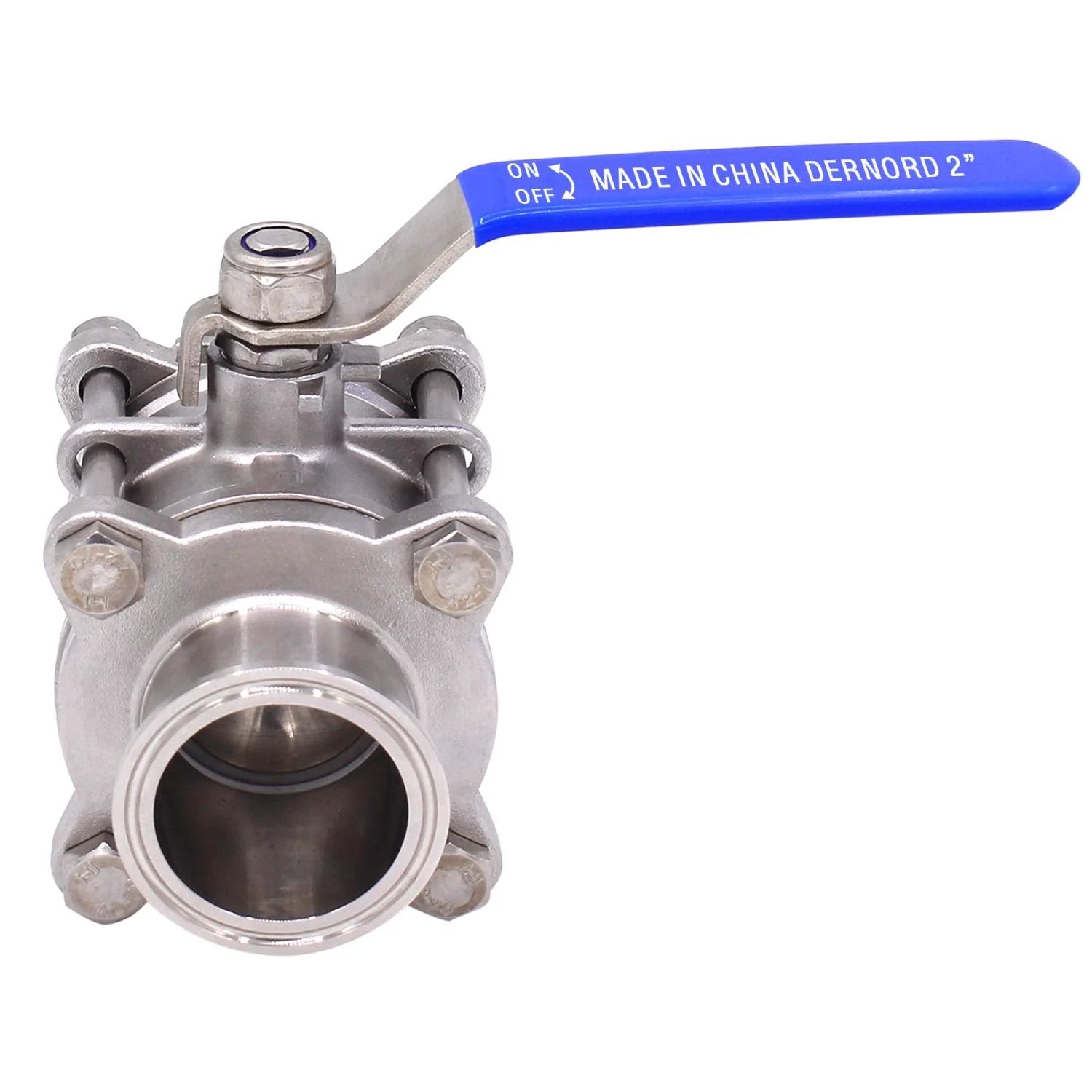 Front view of Sanitary Ball Valve 2 Inch Tube OD Quick Clamp Tri Clamp Fitting Stainless Steel 304 PTFE Lined by DERNORD