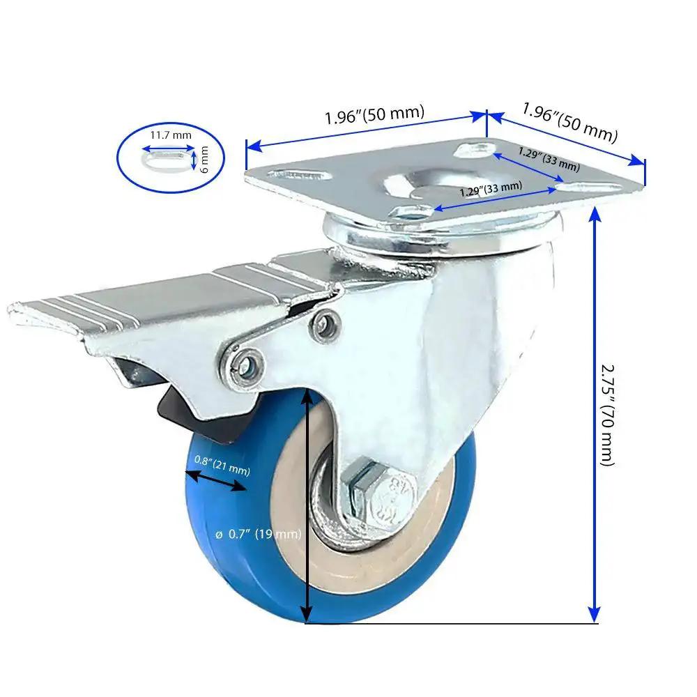 12 Pack 2 Inch Swivel Plate Caster Wheels Blue Polyurethane With 6 Brakes And 6 Non Brake Casters, 50mm Plate, 33mm Hole Center