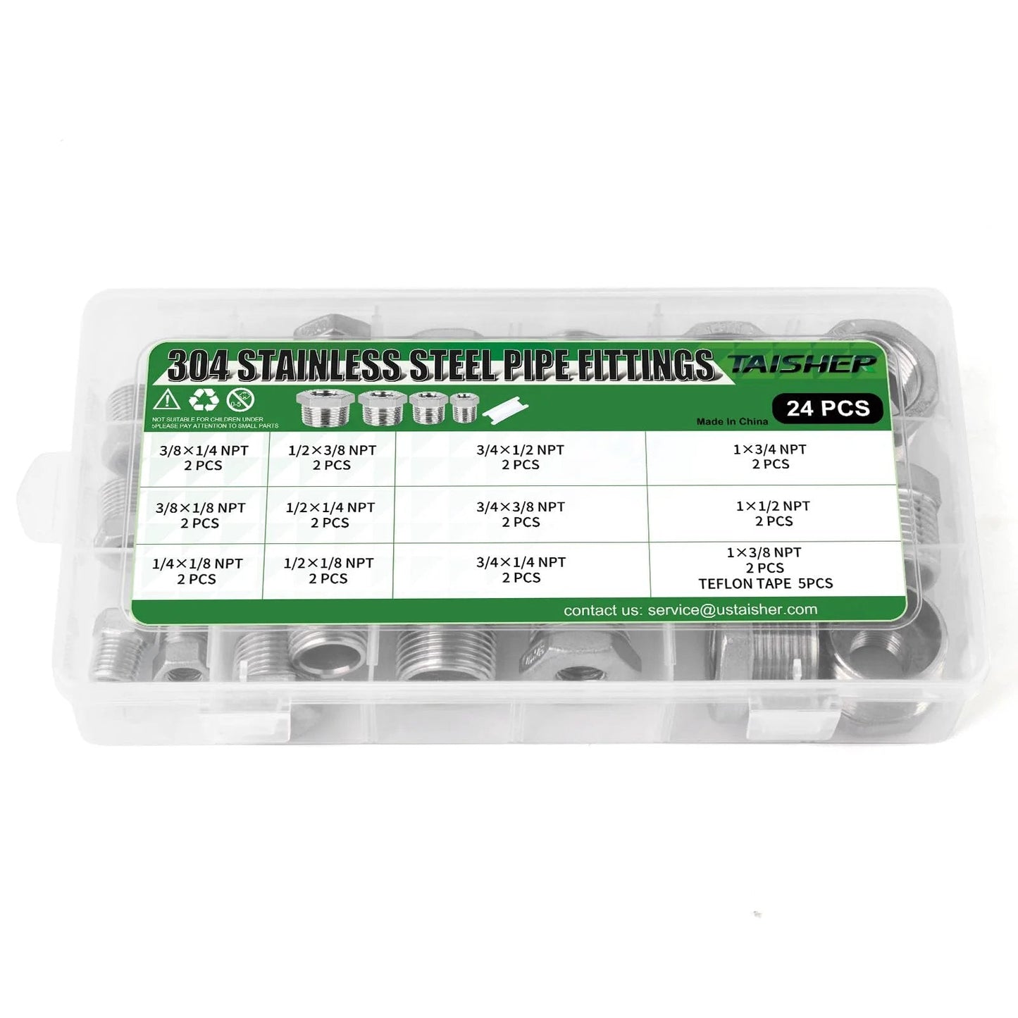 Pro Grade 24 Piece Reducer Hex Bushing Fitting Kit In 304 Stainless Steel For Pipe Thread Adapters And Fittings in clear box