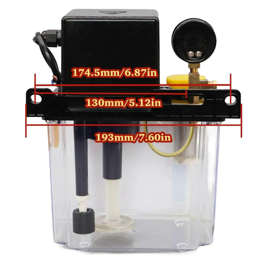 Front view of 2L CNC Lubrication Pump System for Lathe Machines with measurements and dual display AC110V AC220V