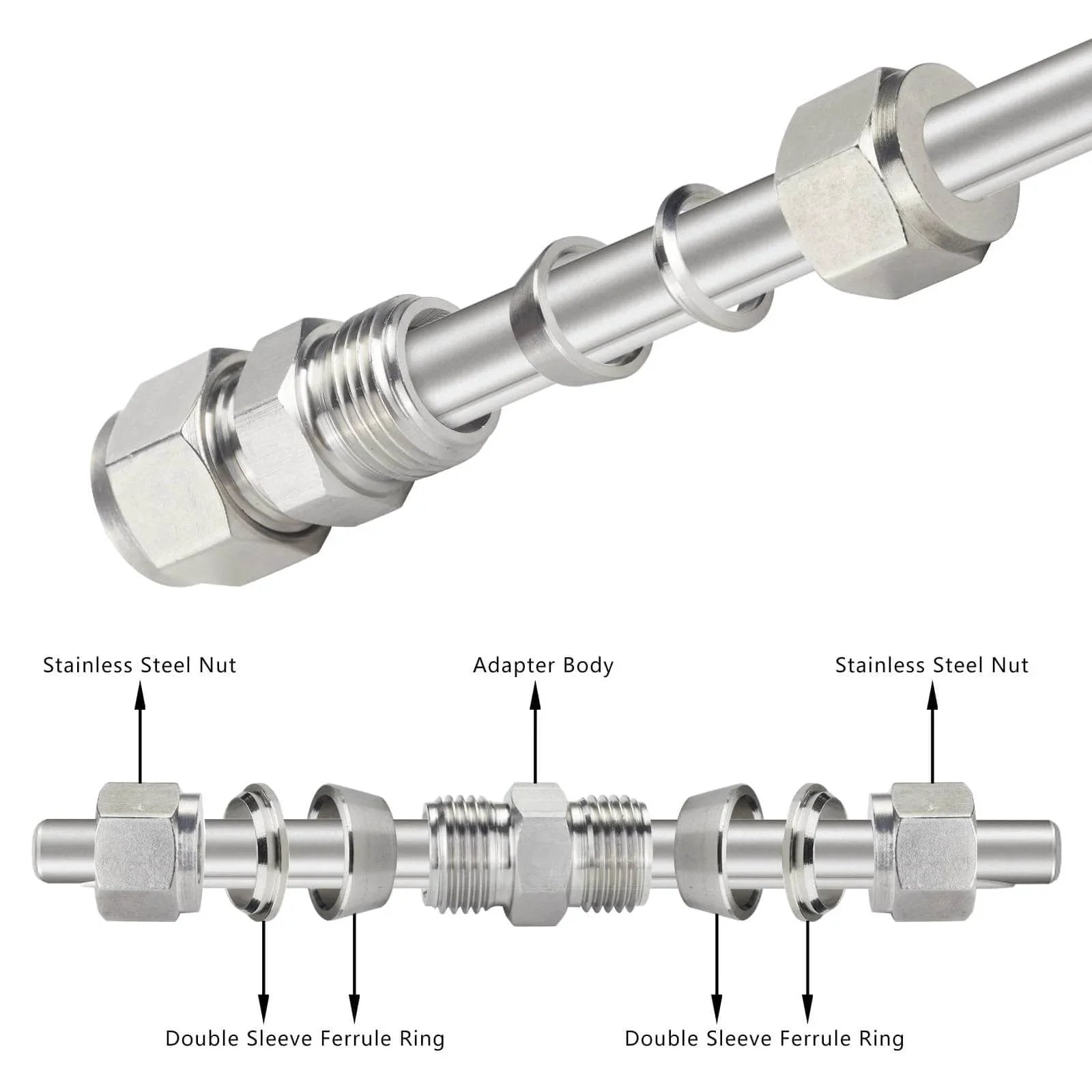304 Stainless Steel Compression Tube Fitting Union For Three Eighths Inch Outside Diameter Tubing Set, detailed diagram with components visible