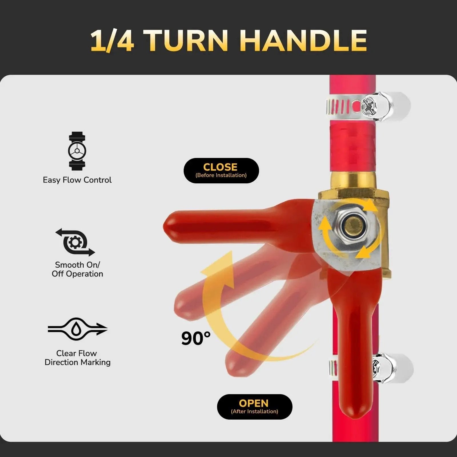 Beefy Three Eighths Inch Barb Shut Off Ball Valve For Air Water And Fuel Lines With Brass Fittings And Four Stainless Steel Clamps 2 Pack By KAINGA Leak Free Inline Hose Valve For Marine Automotive And Workshop showing 1/4 turn handle in action