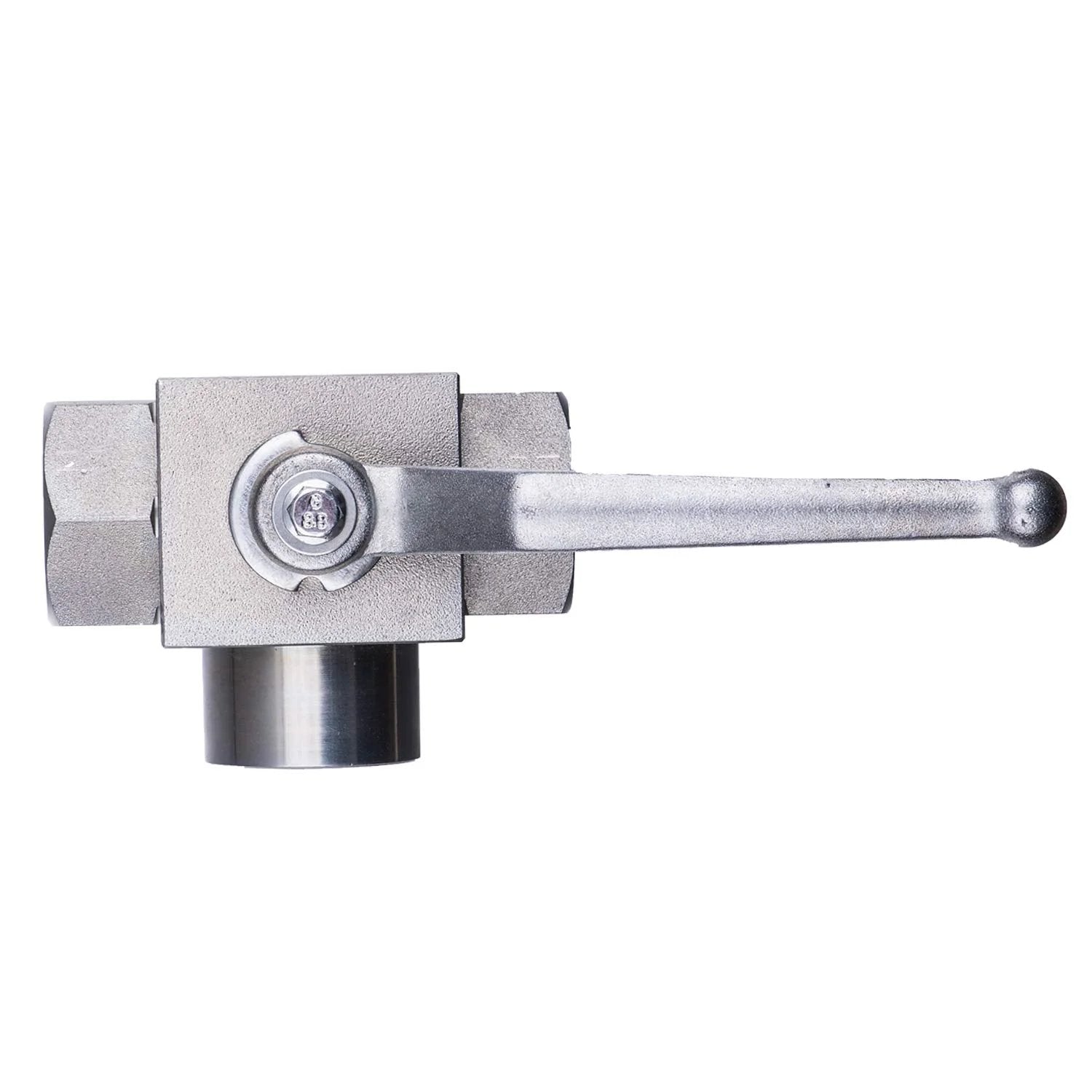 Side view of Heavy Duty Three Way Ball Valve Half Inch NPT Female L Bore KHB3K Hydraulic Valve For Water And Hydraulic Lines.