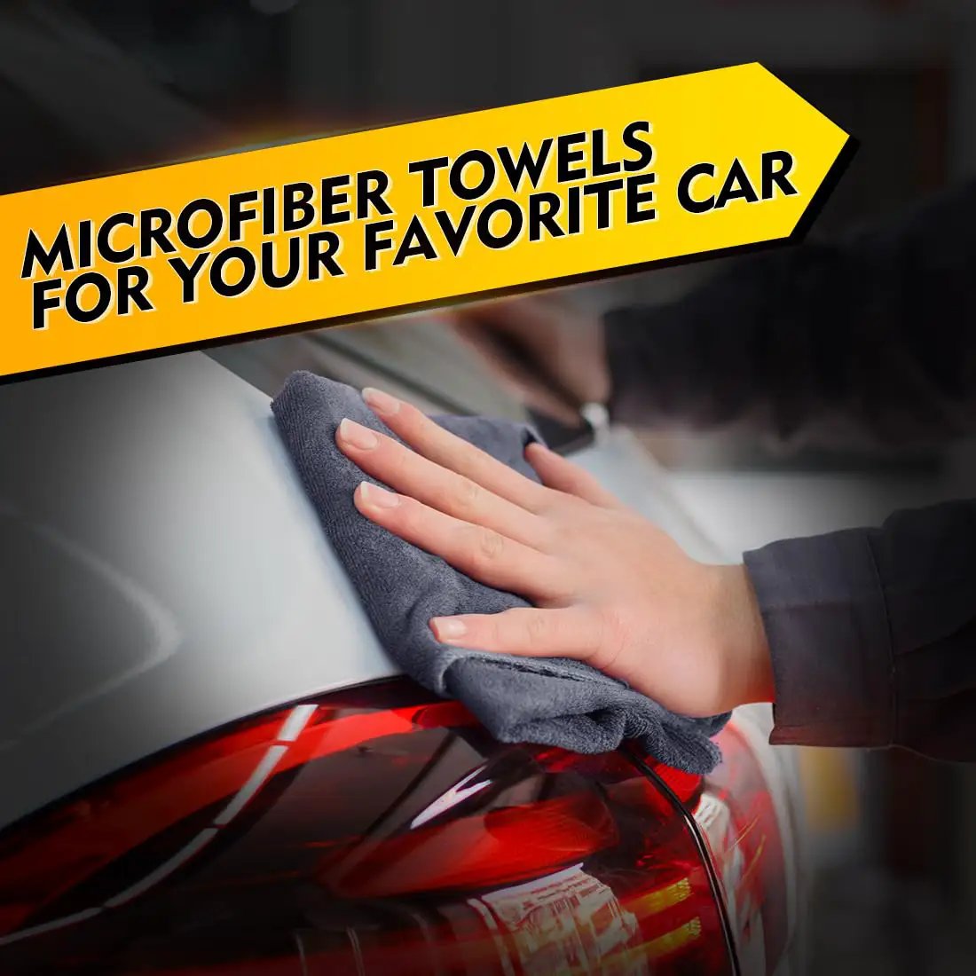 Person using Ultra Absorbent Microfiber Towels For Cars And Home 12 Pack 12.5 Inch Square Cleaning Cloths Lint Free Streak Free For Car Kitchen Window Everyday Grey HOMEXCEL on car surface.