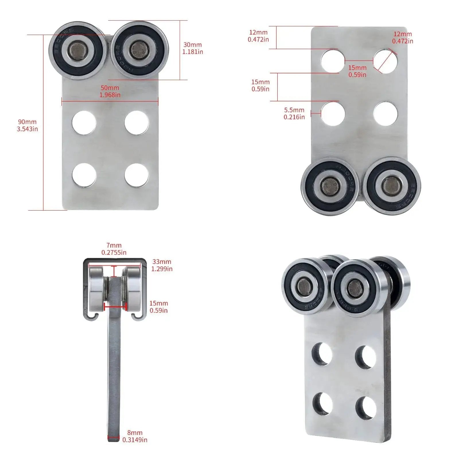 Four Wheel Trolley Roller Bearing Assembly for 1 5 8 Inch High Strut Channel with top set screw, supports up to 900 lbs, shown in dimensions.