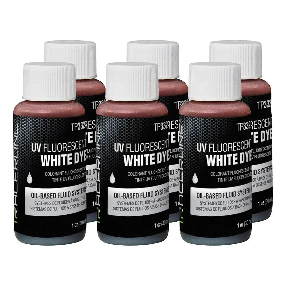 Six Pack Of 1oz Oil Based Dye Bottles Multi Color Fluorescent White Glow, front view showing six bottles for dye systems.