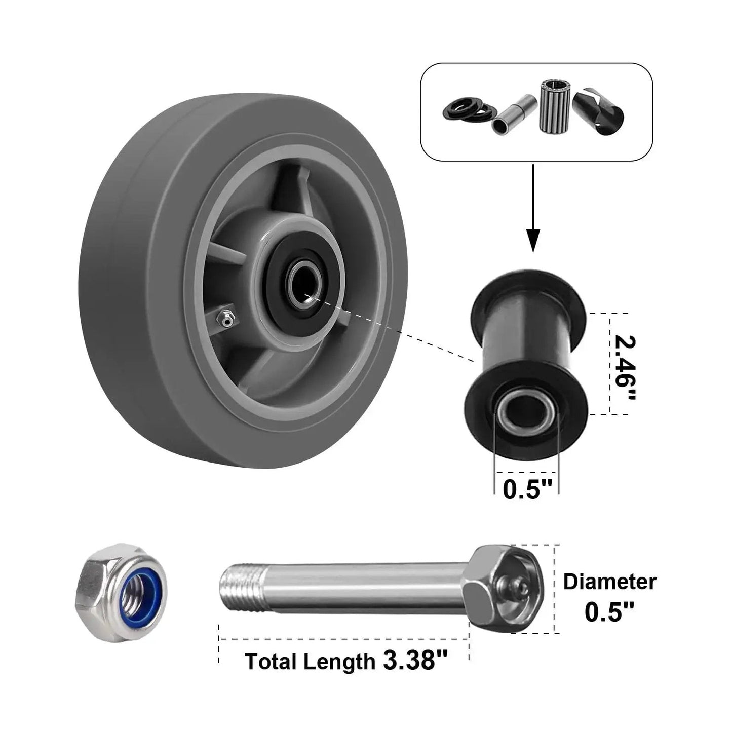 Heavy Duty 6 Inch By 2 Inch Rubber Tread Caster Wheels Set Of 4 With 1/2 Inch Bore For Carts And Hotels Quiet Indoor Use components