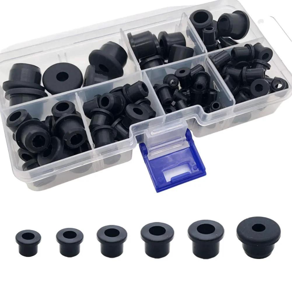 100 Piece Silicone T Type Rubber Grommet Kit with Six Sizes for Wiring Automotive Firewall Holes and Cable Protection