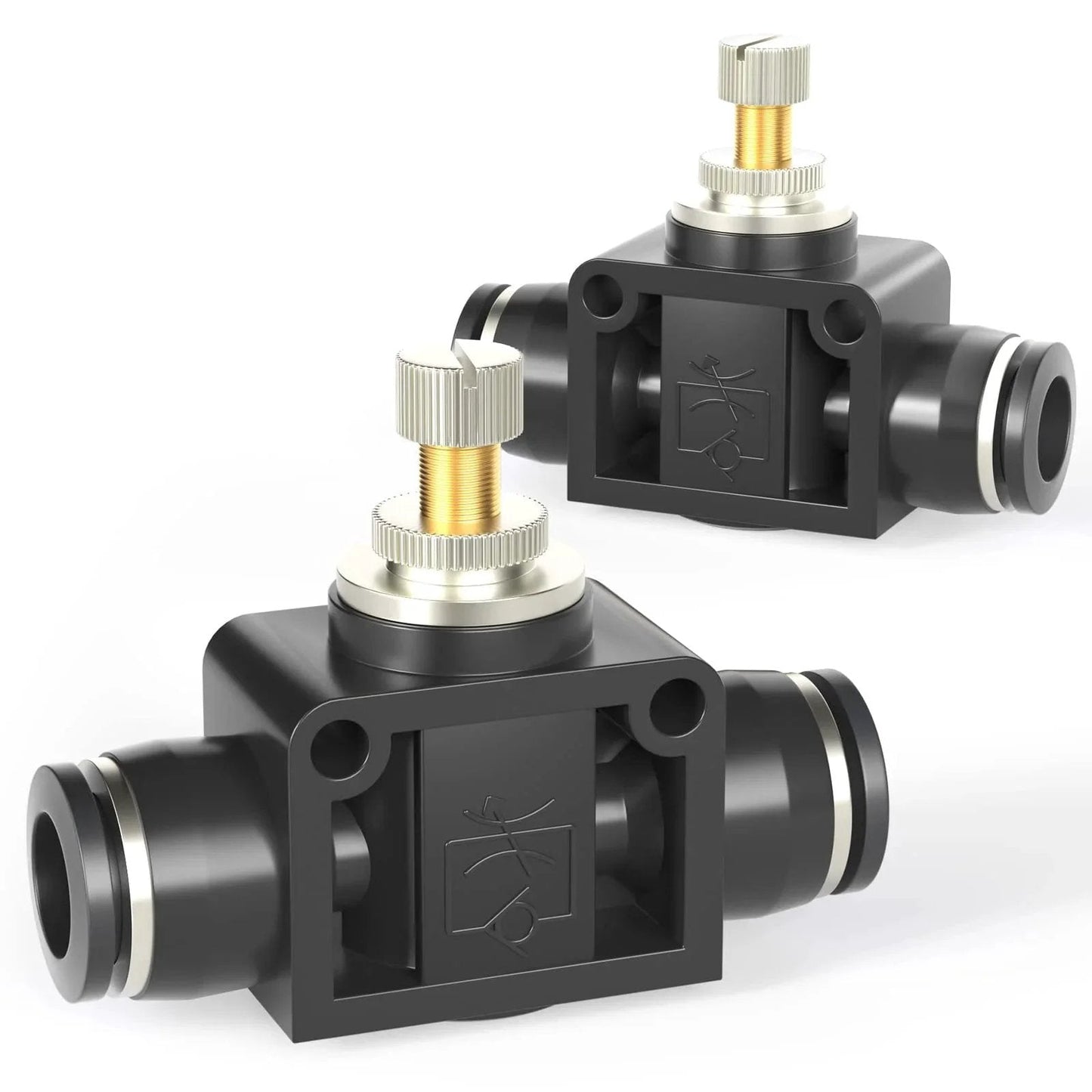 Air Flow Control Valve For Pneumatic Systems With Push To Connect Fitting Inline Speed Controller One Quarter Inch Tube OD To One Quarter Inch Tube OD Black Made Of Plastic And Copper Ideal For Low Speed Cylinders Zero To One Hundred Forty Five PSI Pack