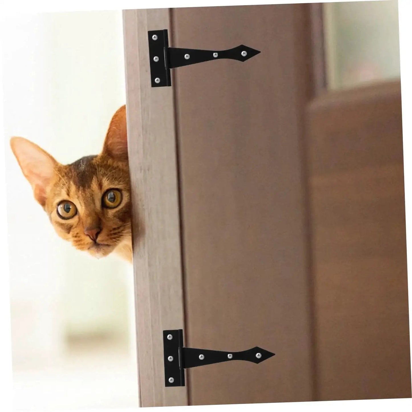 8 Piece Heavy Duty Iron Cabinet Hinges For Doors Tee Hinges installed on a cabinet door with a smooth finish and high load capacity