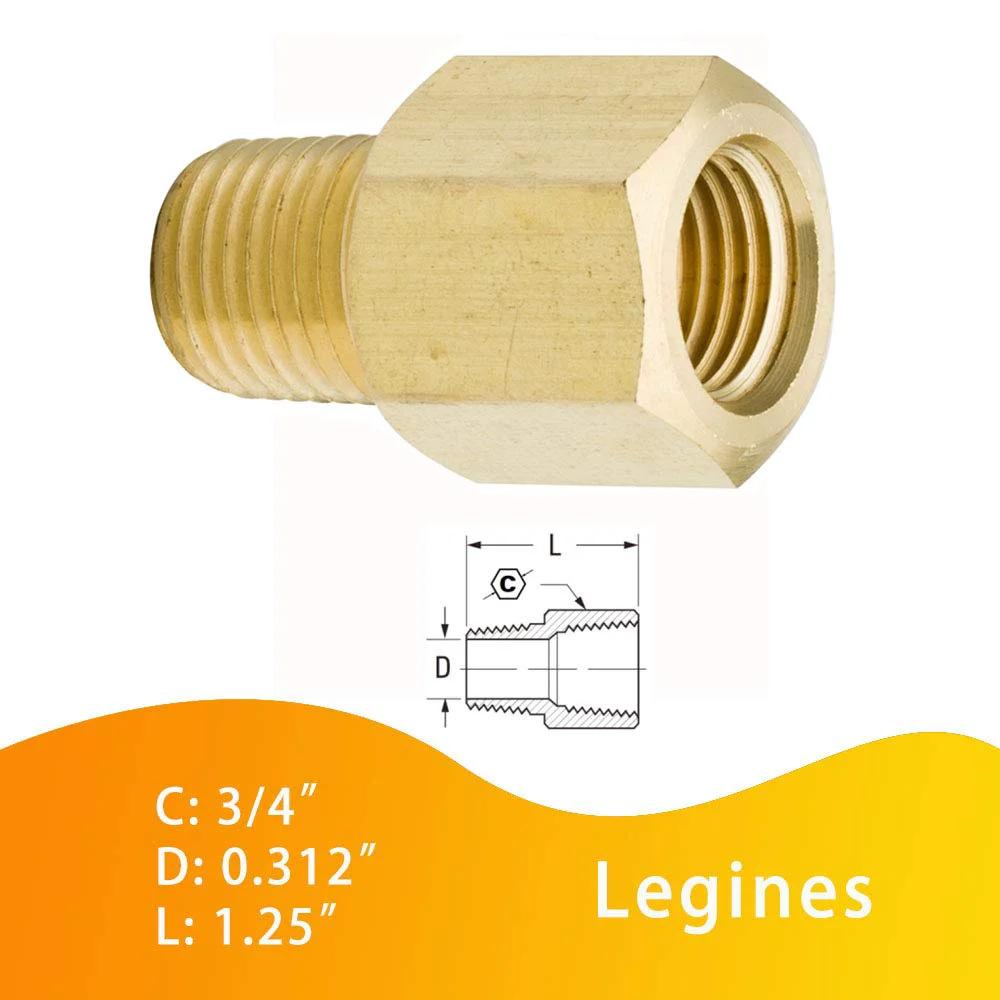 Beefy Brass Pipe Fitting Adapter For One Quarter Inch NPT Male To One Quarter Inch NPT Female High Pressure Up To 1200 PSI Pack Of 2 Durable CA360 CA377 Brass Legines, illustrating product with dimensions.
