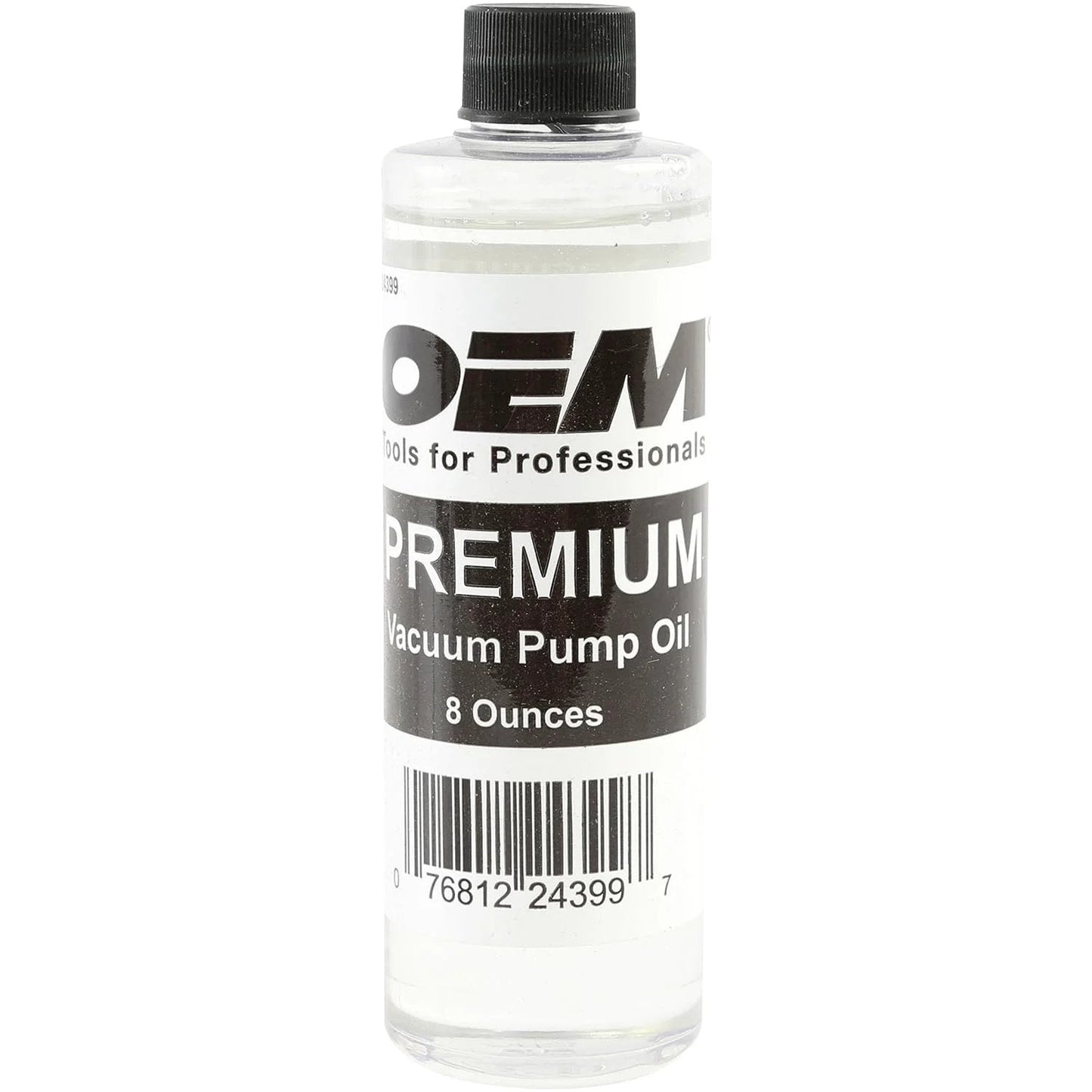 Pro Grade 8 Oz Vacuum Pump Oil Hydrotreated For Consistent Viscosity In Extreme Temps with OEMTOOLS branding on bottle.