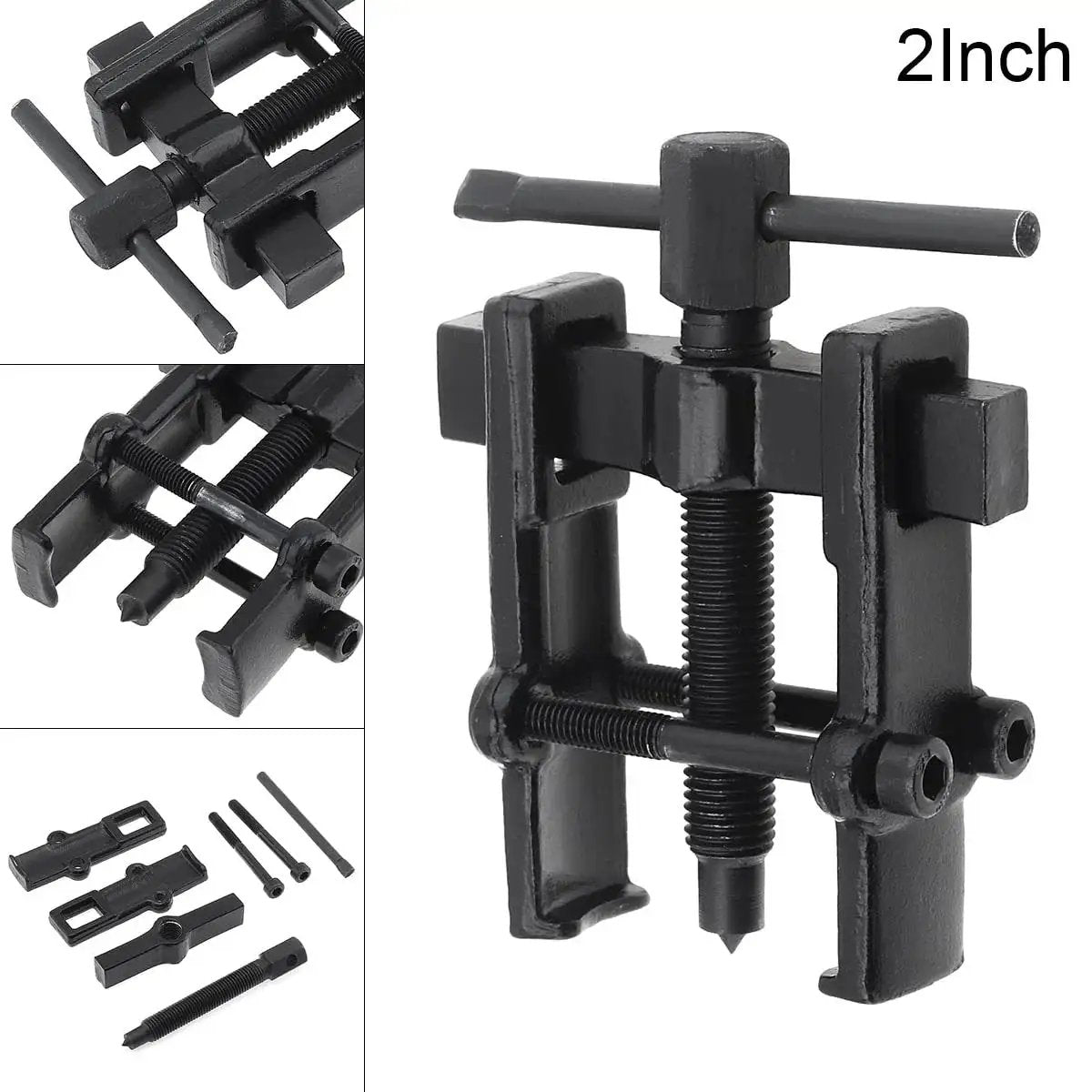 Adjustable Two Jaw Bearing Gear Puller Remover 2 Inch Carbon Steel showing assembled and disassembled views of components
