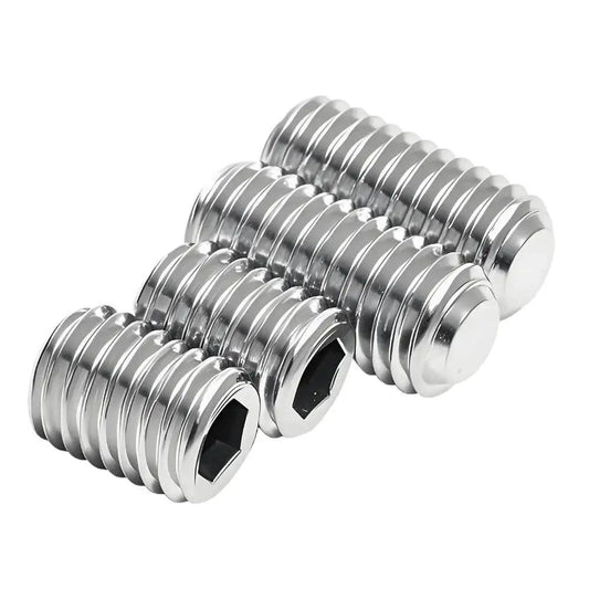 Fine Thread Stainless Steel Hex Socket Screws Flat Point Grub Screws M6 To M16, showing hexagonal sockets and flat points.
