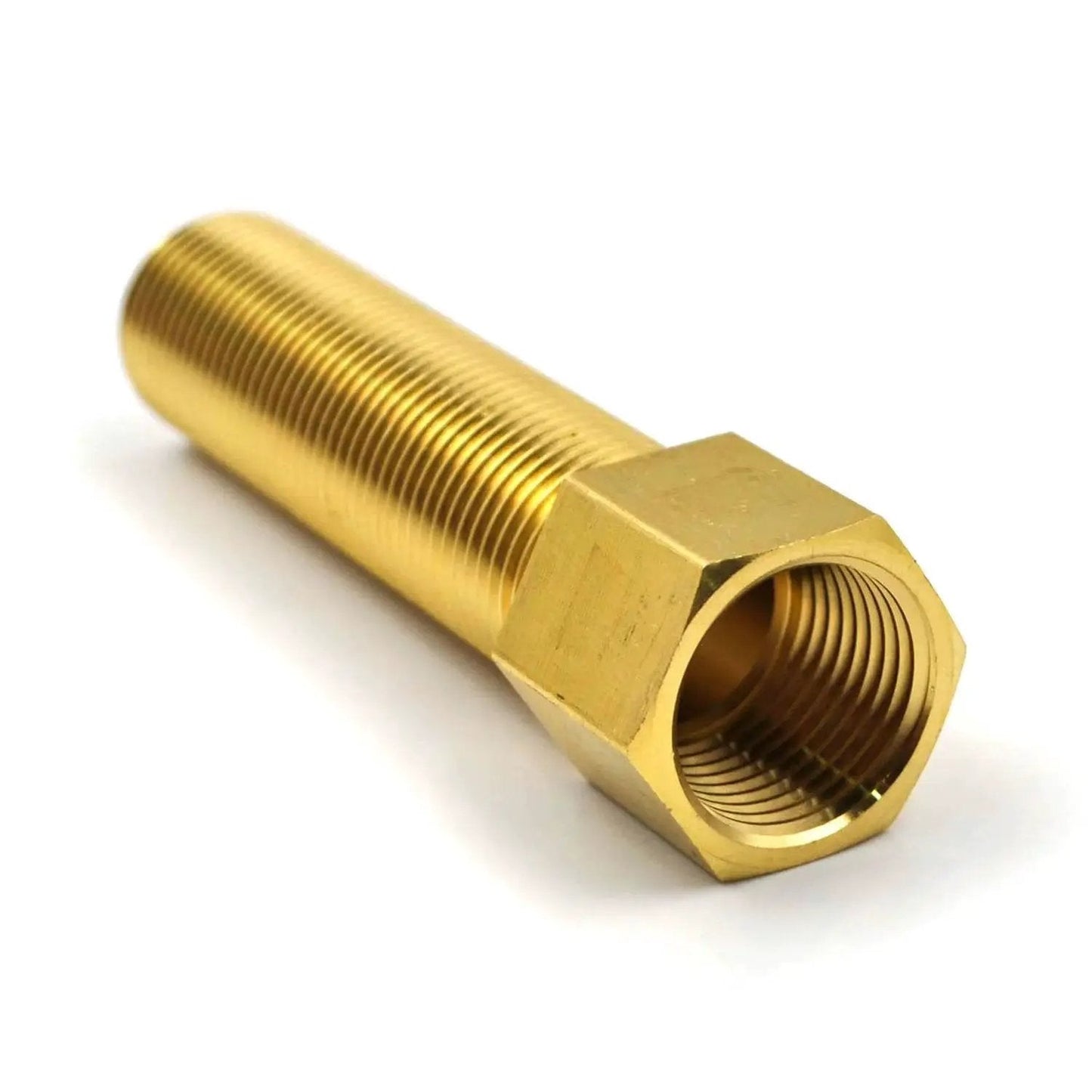 Close-up of brass extension adapter from the Five Pack Half Inch Brass Extension Adapter Set With Half Inch Male To Female Nipple Fittings Hex Bushing Converter For Plumbing Includes 30 40 50 70 100 Millimeter Lengths And Sealing Tape Great For Home Renovations And DIY Projects In The Workshop.