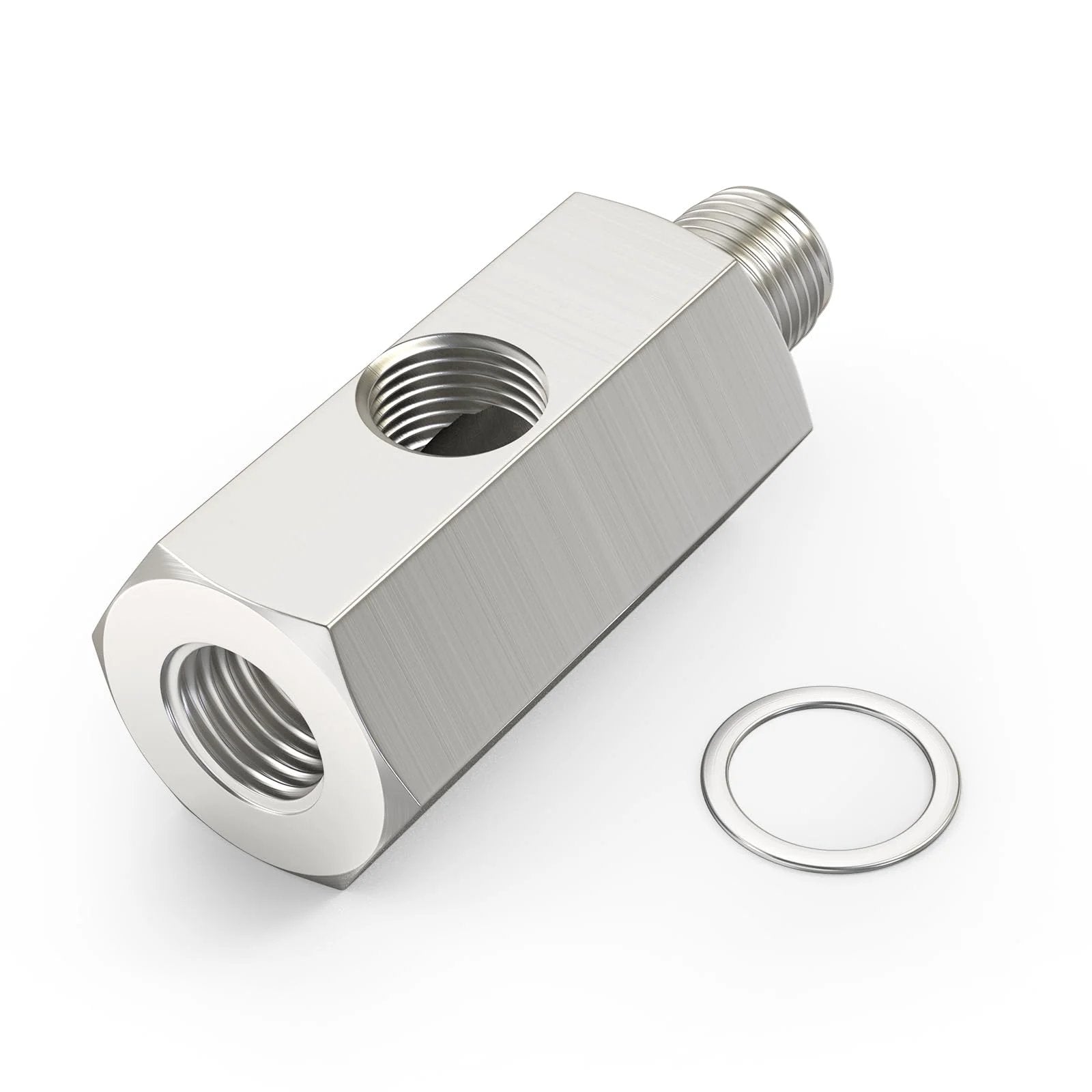 Stainless Steel One Quarter NPT Oil Pressure Sensor Tee Adapter Fitting, One Quarter NPT Female To Male, Includes One Eighth NPT Female Port